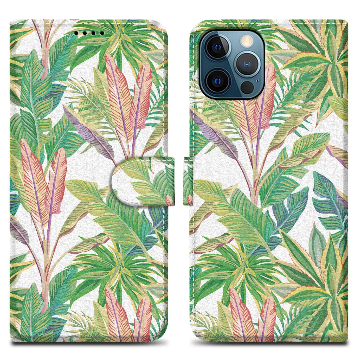 Custodia per telefono con motivo tropicale. Il motivo include foglie verdi e fiori rosa e gialli. Sfondo bianco.