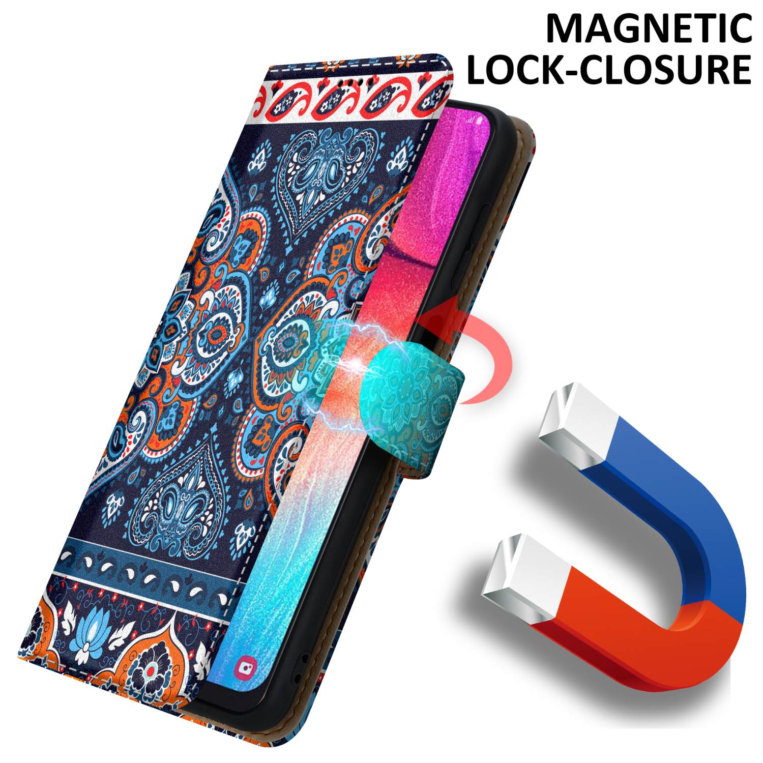 Una custodia per telefono aperta, che mostra un telefono e un magnete. La custodia ha un design.