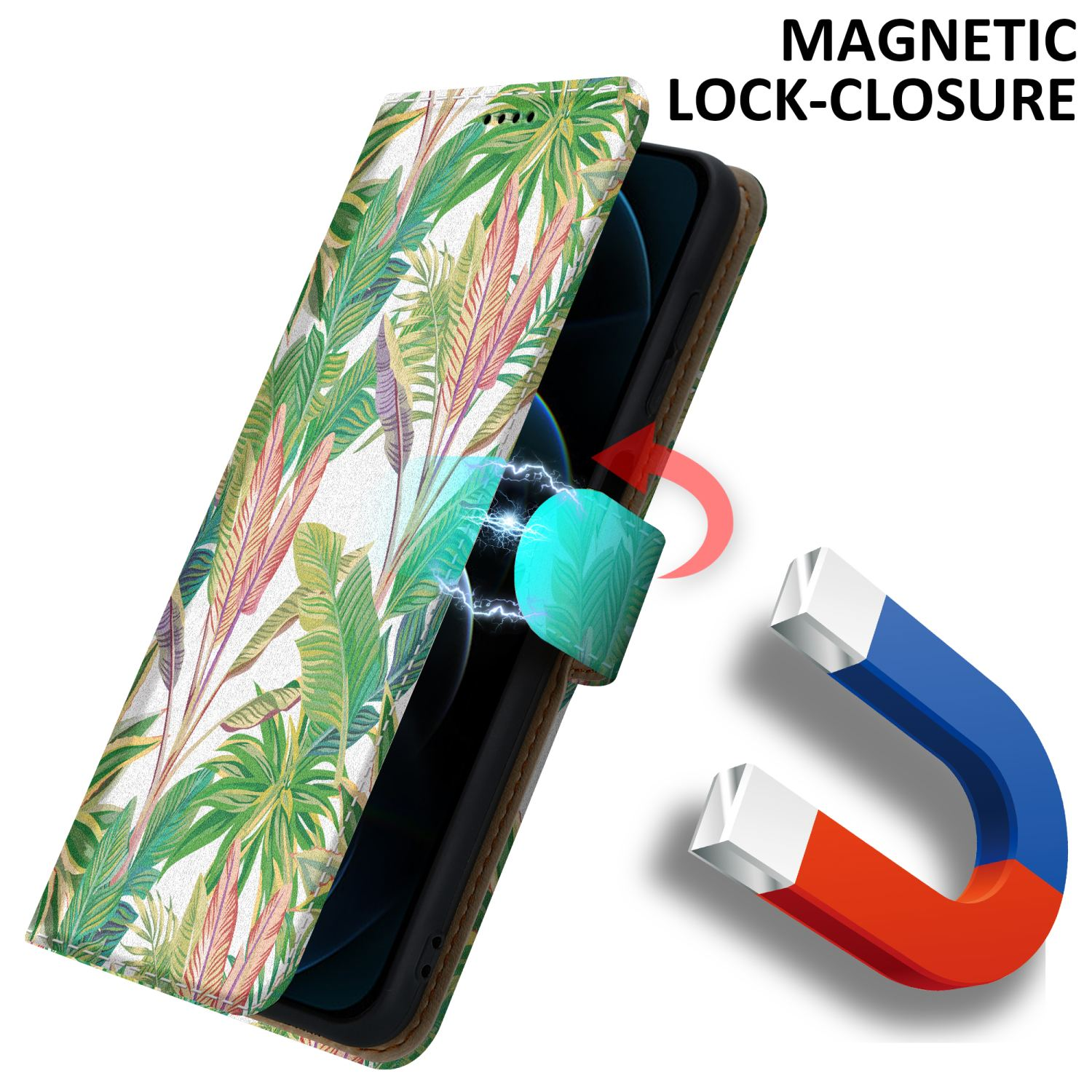 Una custodia per telefono con un design floreale e una chiusura magnetica. La custodia è mostrata aperta, con il telefono all'interno.