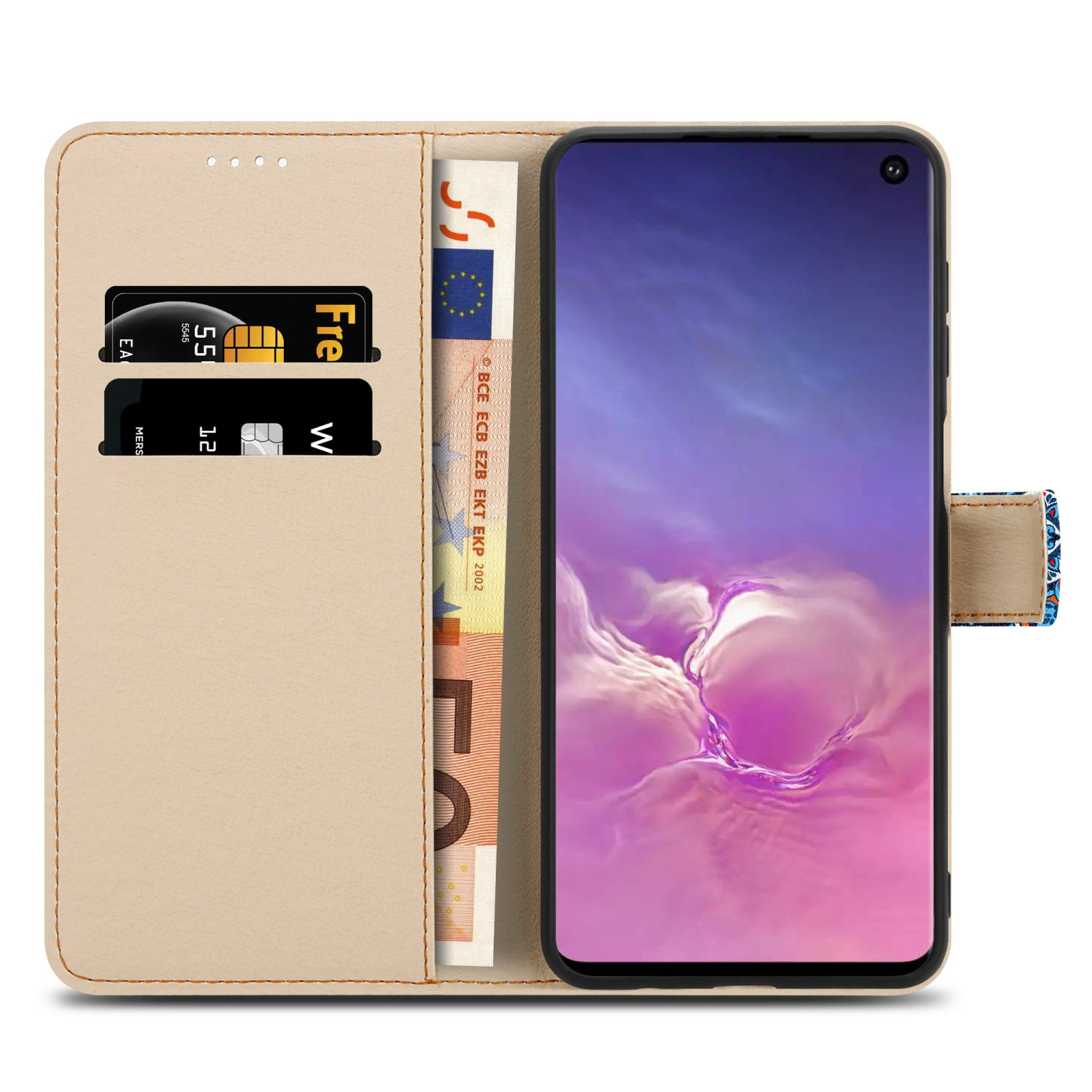 Beige Handyhülle geöffnet mit einem Telefon darin. Das Telefon ist schwarz, mit einer Banknote und Karten.
