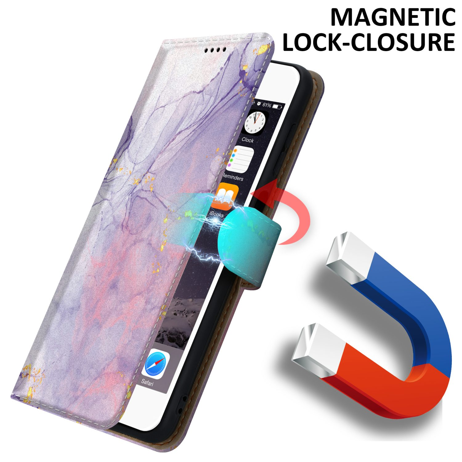 Una custodia con chiusura magnetica e un magnete. Testo: 'Chiusura magnetica'.