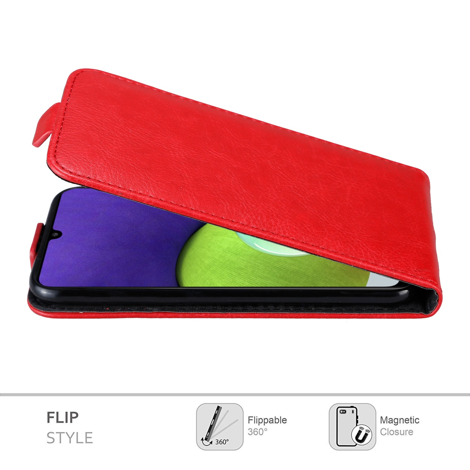 Custodia a flip rossa. La custodia è aperta. Testo: Stile Flip, Ribaltabile a 360°, Chiusura Magnetica.