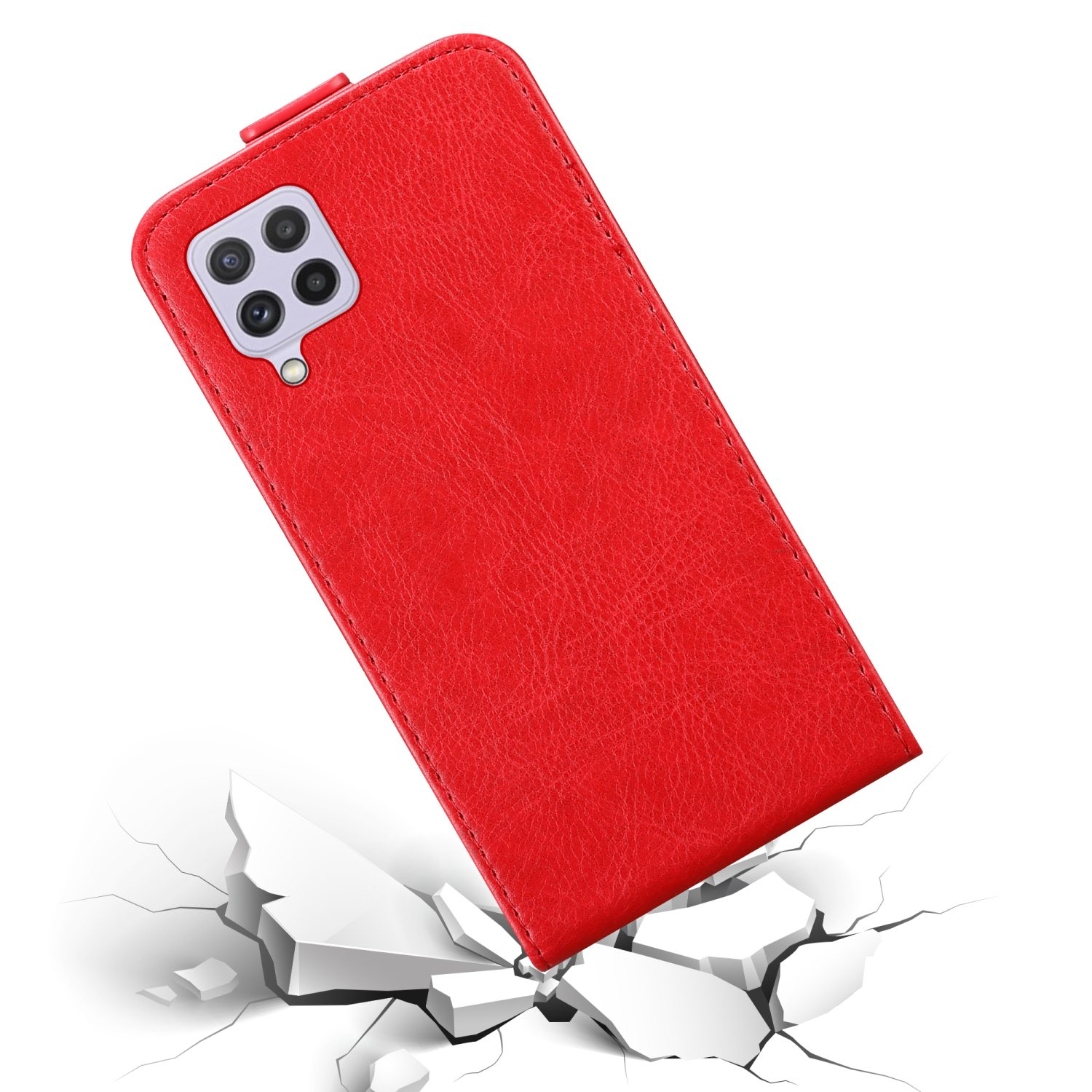 Custodia per telefono rossa che cade su una superficie, rompendola.
