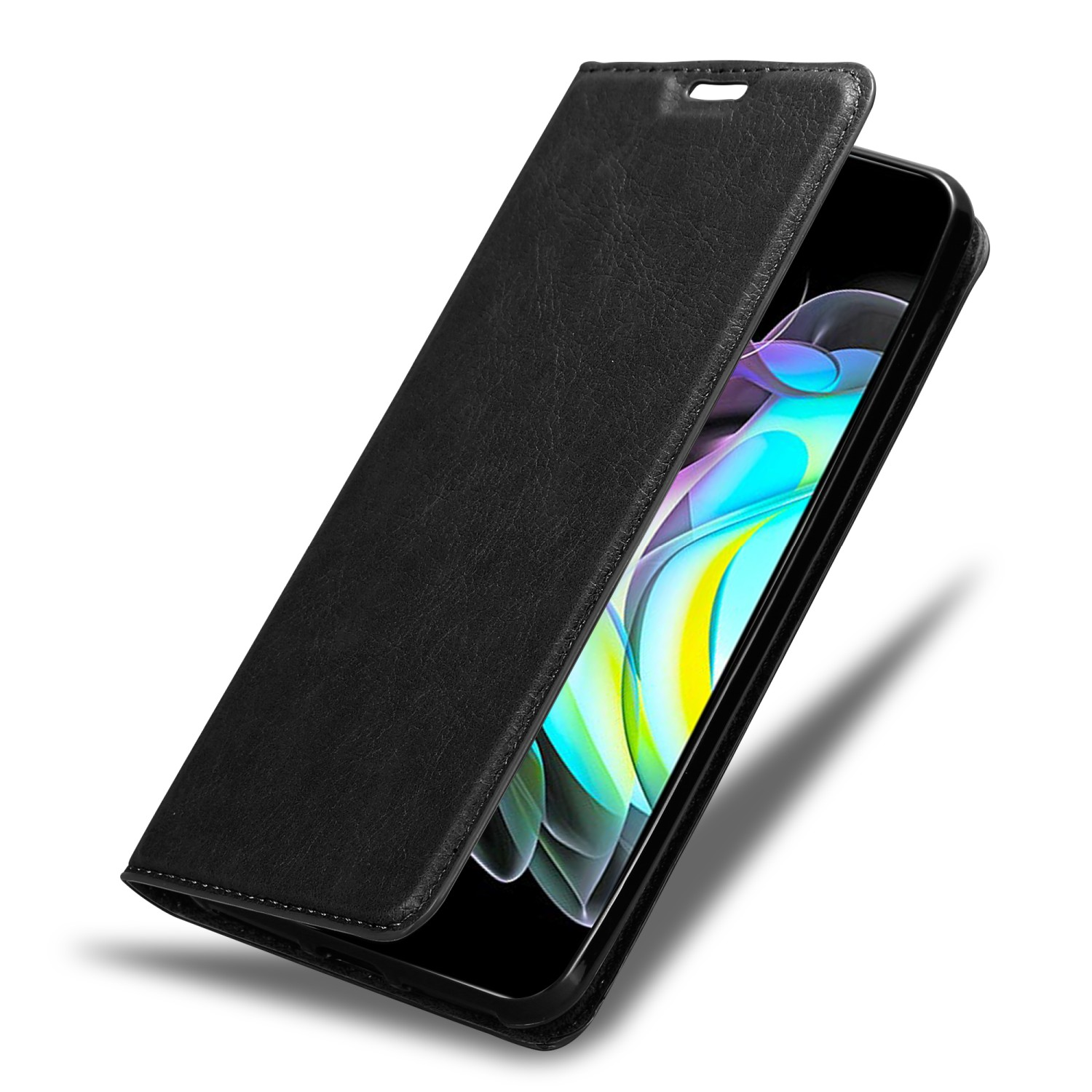 Eine schwarze Handyhülle mit sichtbarem Telefon. Die Hülle ist geöffnet und zeigt den Telefonbildschirm.