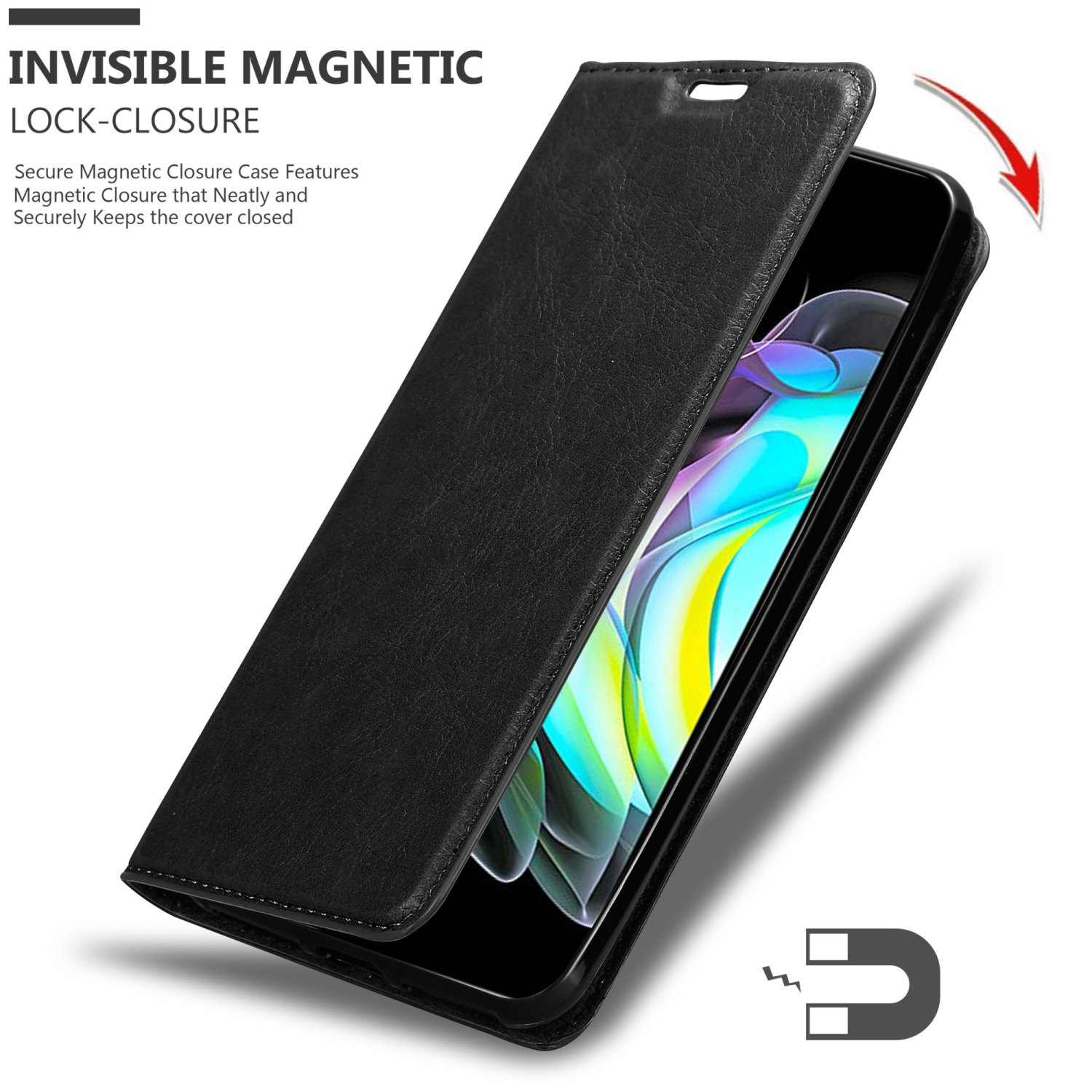 Custodia del telefono nera con chiusura magnetica. Testo: Chiusura magnetica invisibile. Viene mostrato un magnete.