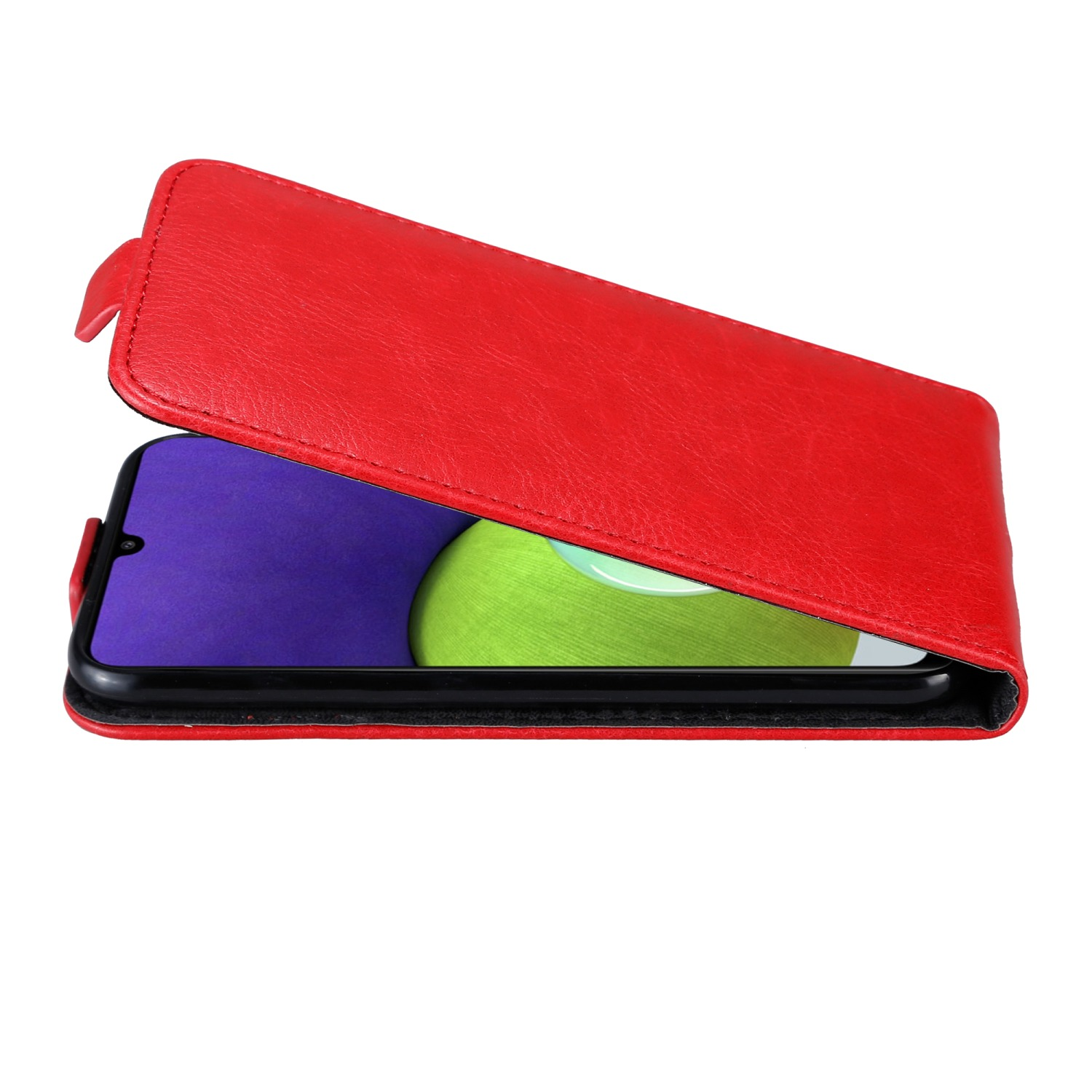 Custodia rossa, aperta, con il telefono dentro. Ha una chiusura magnetica.