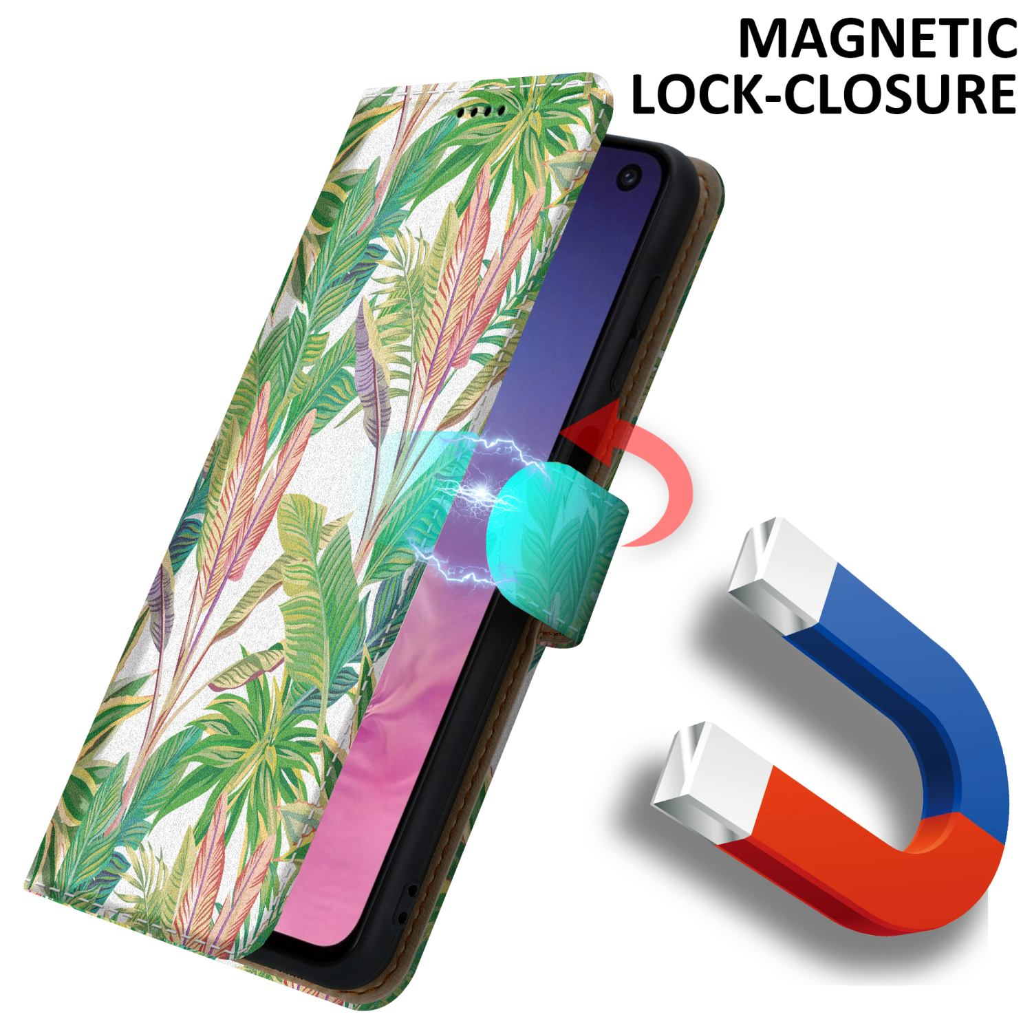 Un telefono in una custodia con un motivo a foglie, tenuto aperto con una chiusura magnetica, che mostra lo schermo del telefono.
