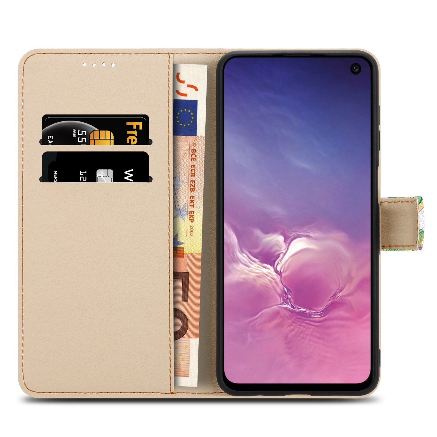Una custodia per telefono con un telefono all'interno e un porta carte. La custodia è beige con un telefono all'interno. Le carte sono euro.