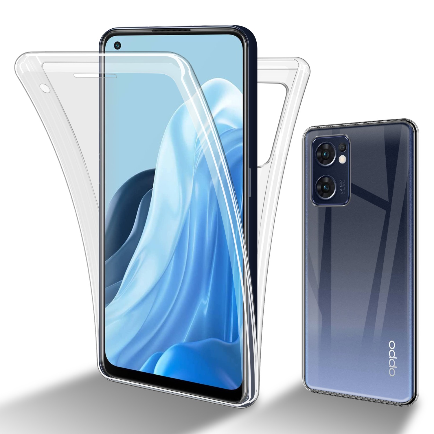 Telefon mit klarer Hülle. Die Rückansicht eines Telefons zeigt die Kamera. Transparente Hülle offen.