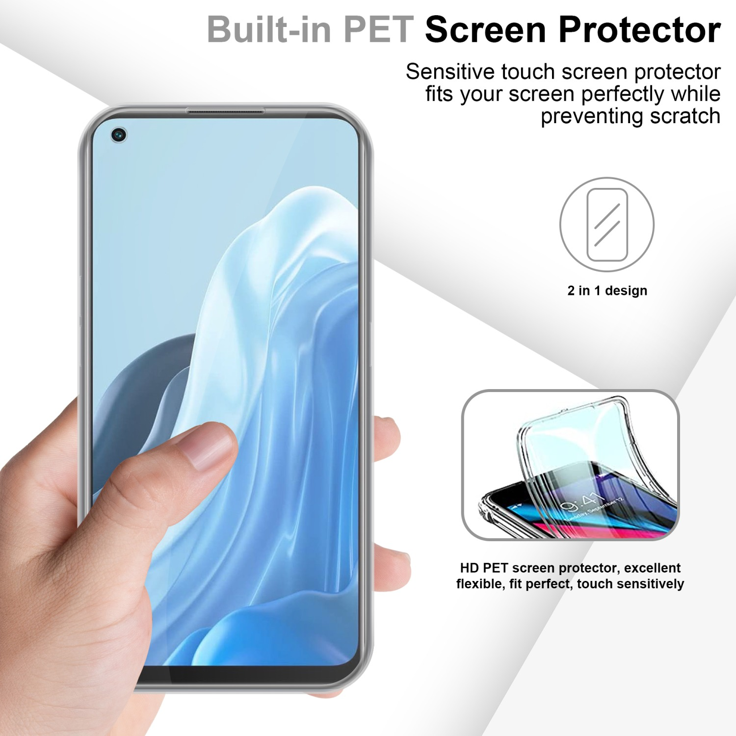 Ein Telefon mit angebrachtem Displayschutz wird gehalten. Ein Diagramm zeigt, wie es passt.