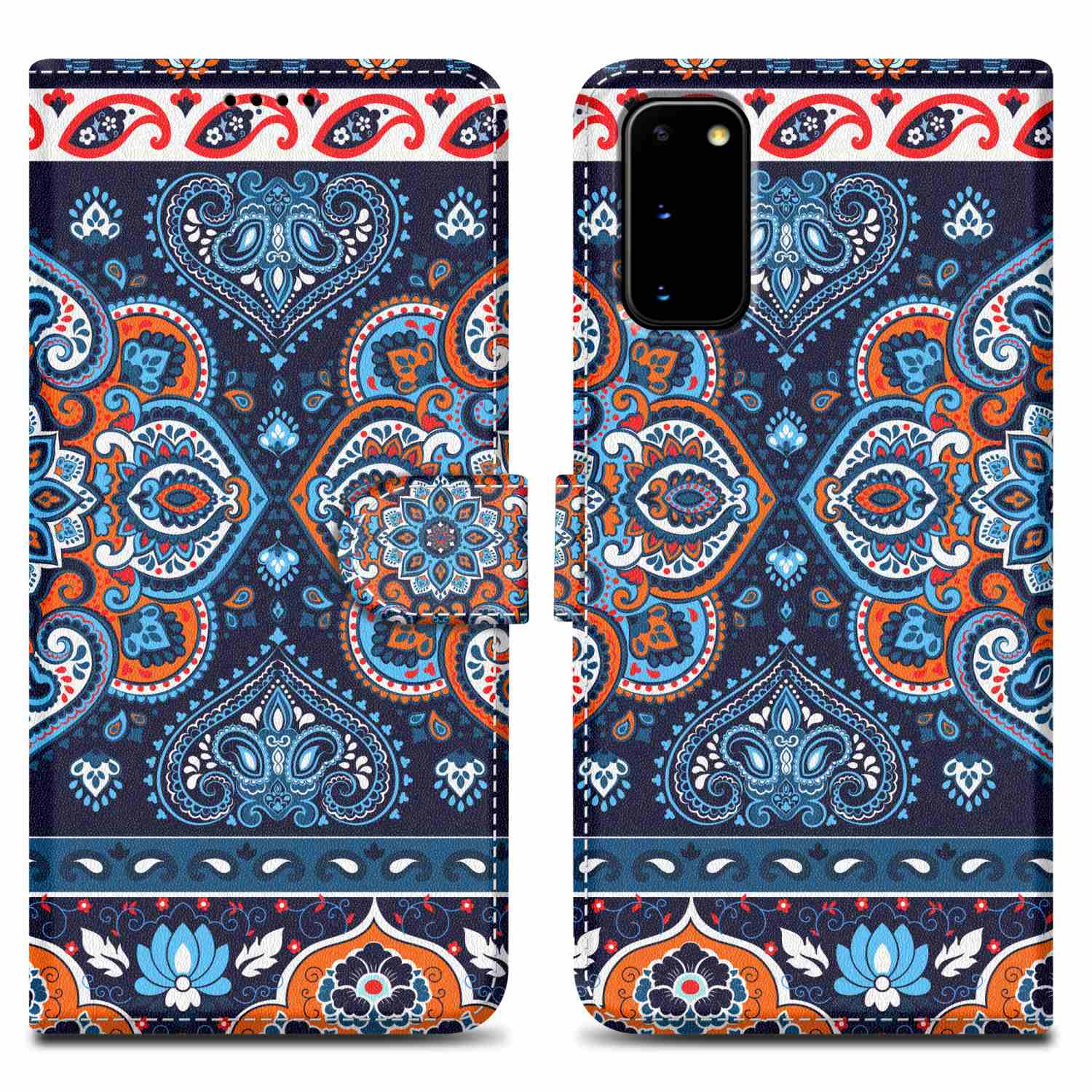 Custodia per telefono con motivo paisley. La custodia è aperta con un telefono all'interno. Il motivo è blu e arancione.