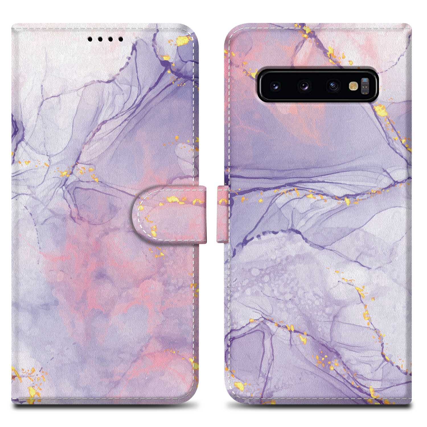 Geöffnete Handyhülle mit Marmordesign, Goldakzenten. Telefon ist offen darin. Weißer Hintergrund.