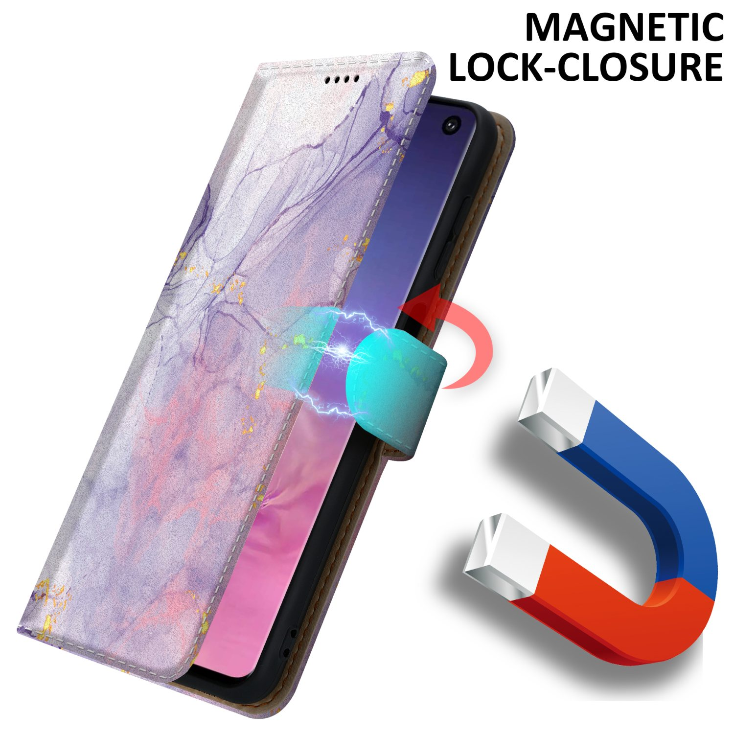 Handyhülle mit Magnetverschluss. Die Hülle ist geöffnet und gibt den Telefonbildschirm frei.