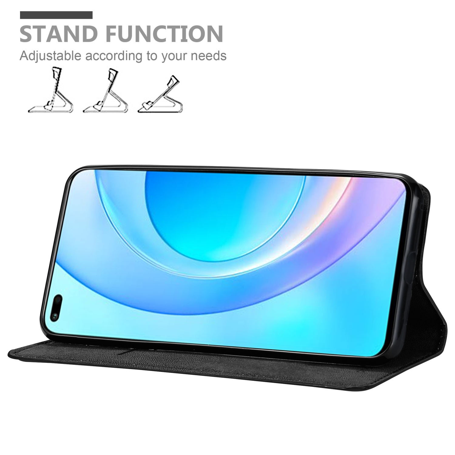 Schwarze Handyhülle mit Telefonbildschirm und blau-lila Hintergrund. Standfunktion beworben.