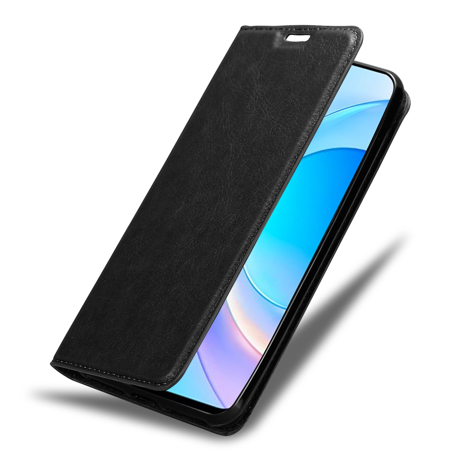 Eine schwarze Handyhülle mit teilweise geöffnetem Telefon.