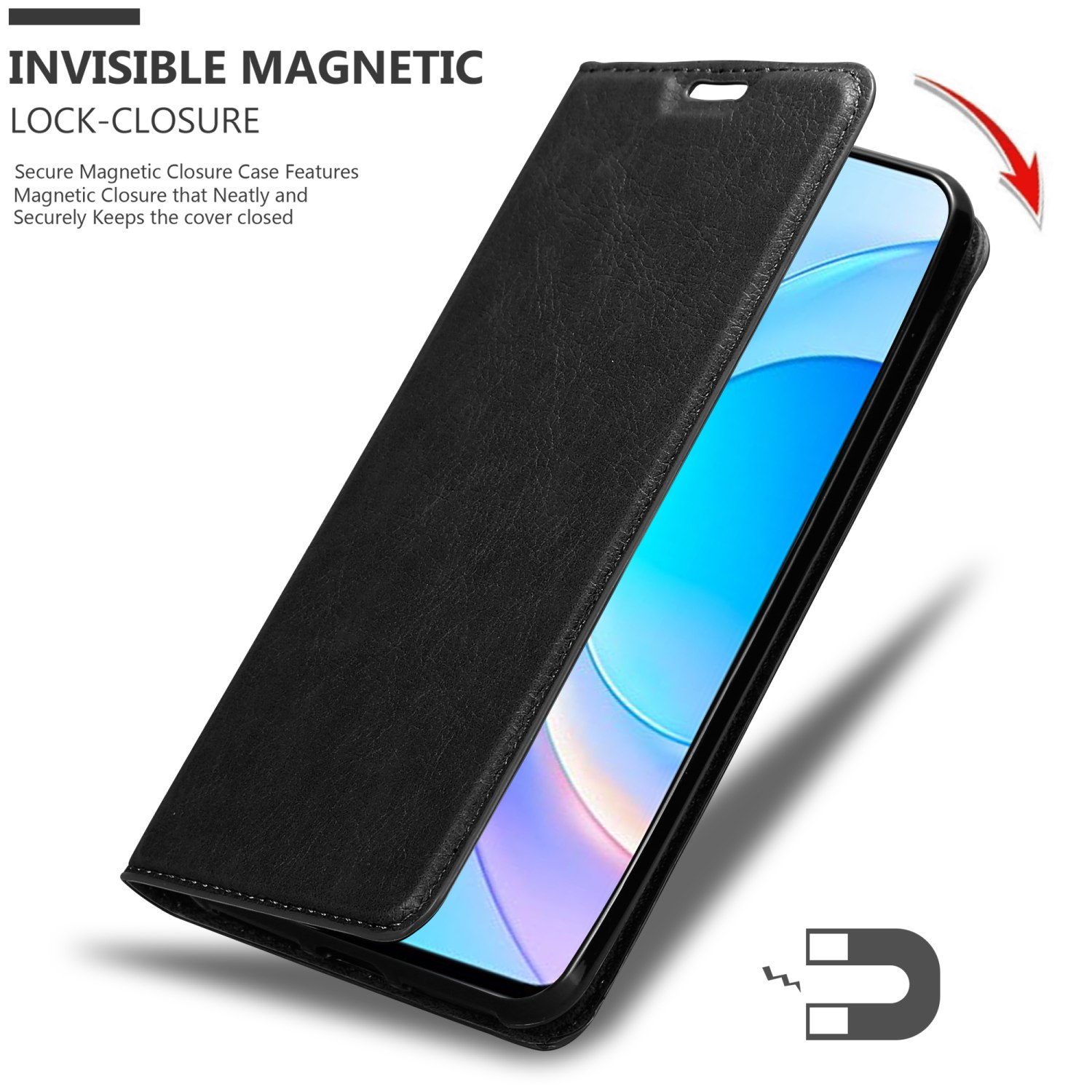 Schwarze Handyhülle, geschlossen, mit unsichtbarem Magnetverschluss. Ein Magnet wird gezeigt.