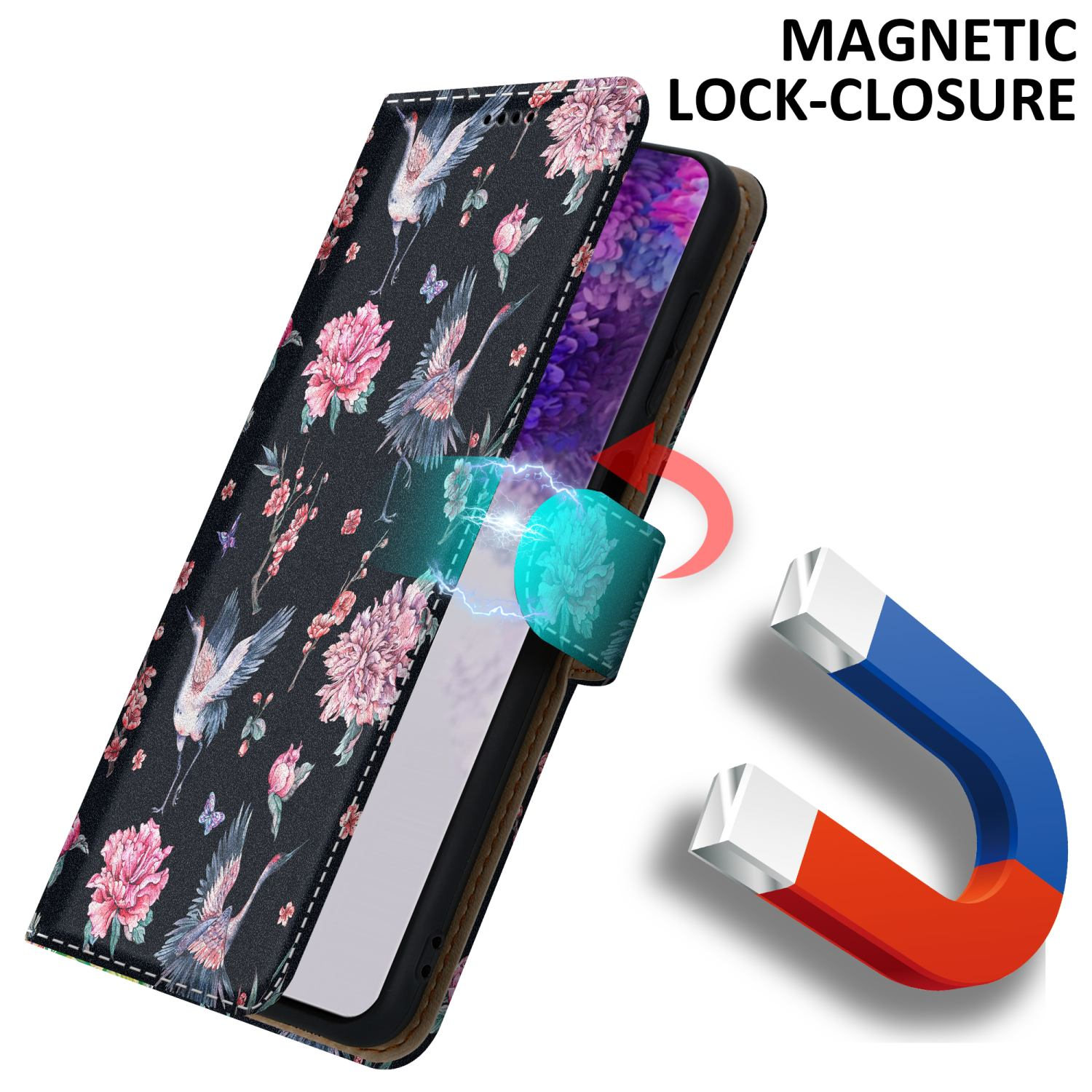 Custodia per telefono con design floreale. La custodia è aperta. Sfondo bianco.
