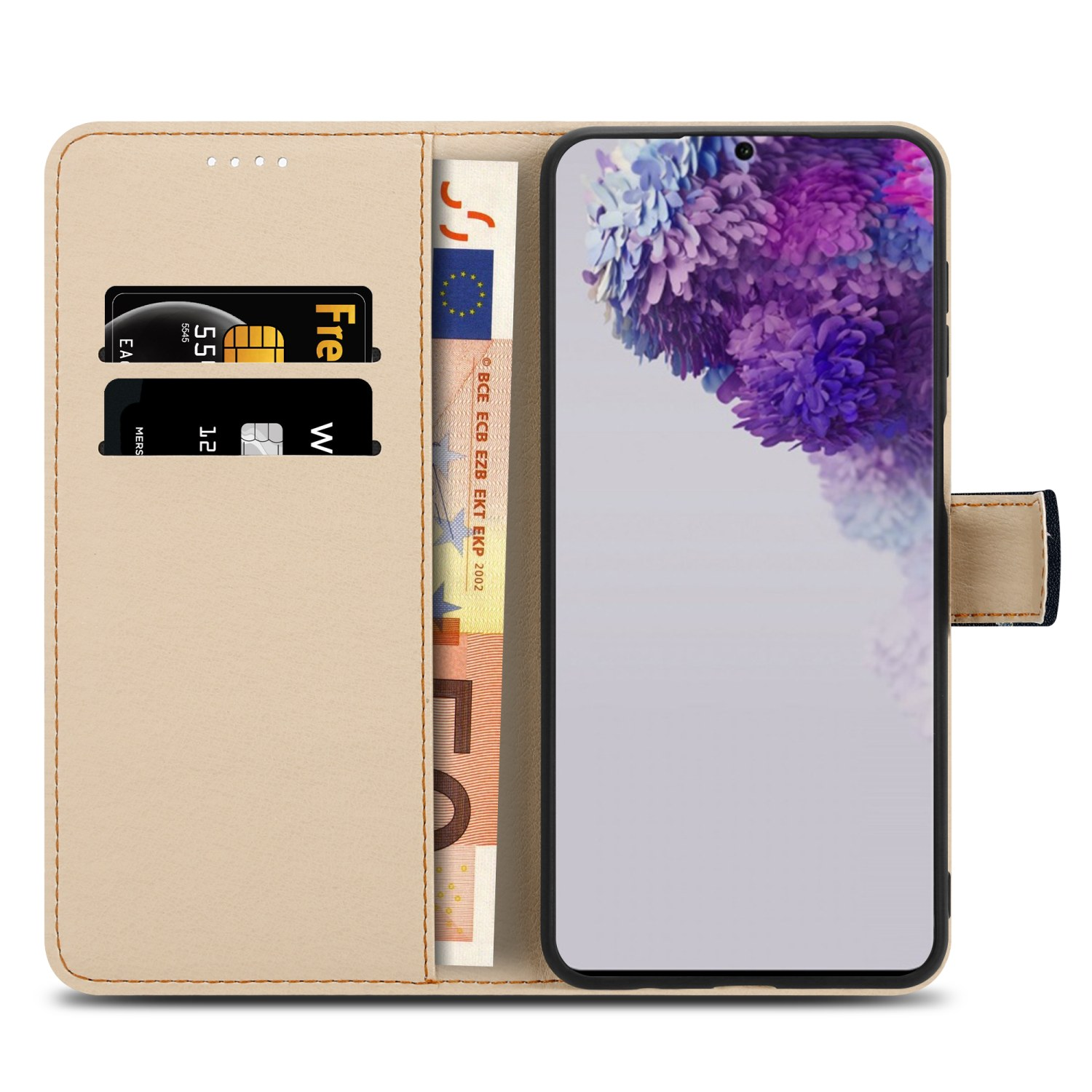 Custodia beige per telefono con fessure per carte, telefono con schermo viola e banconota in euro.