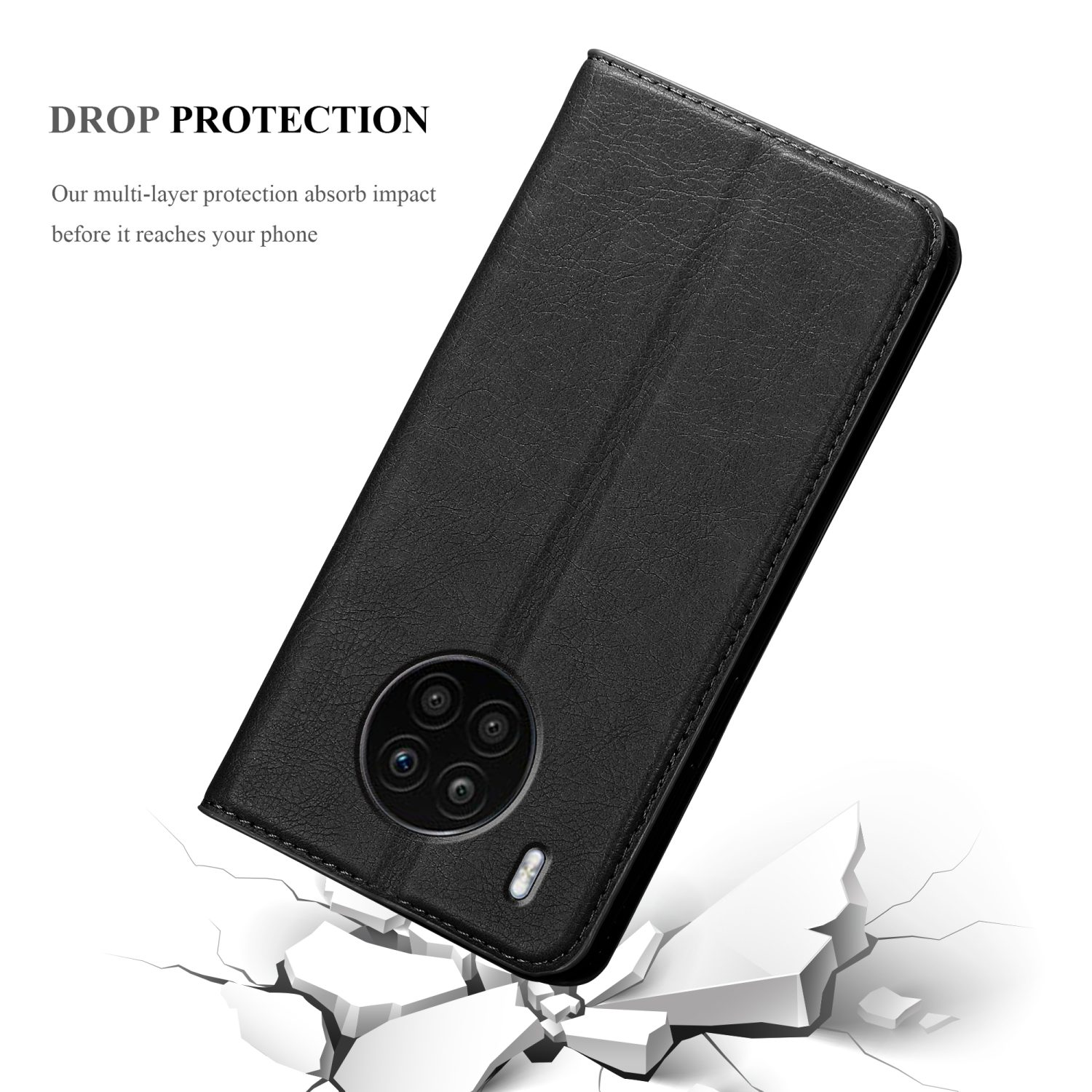 Schwarze Leder-Handyhülle auf weißer Oberfläche mit Risseffekt und Telefon mit Kamera.