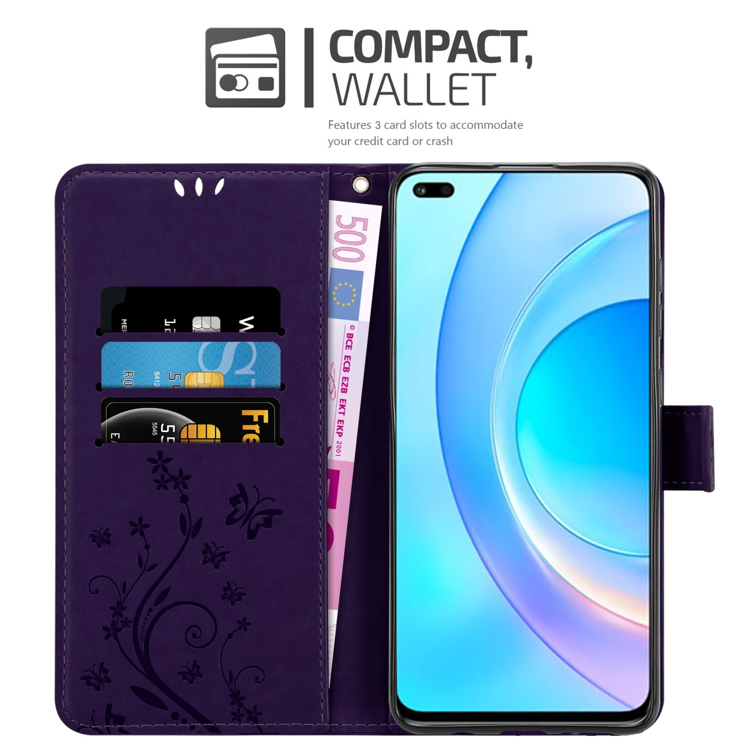 Portafoglio per telefono viola con carte, contanti e un telefono. Design floreale. Primo piano.