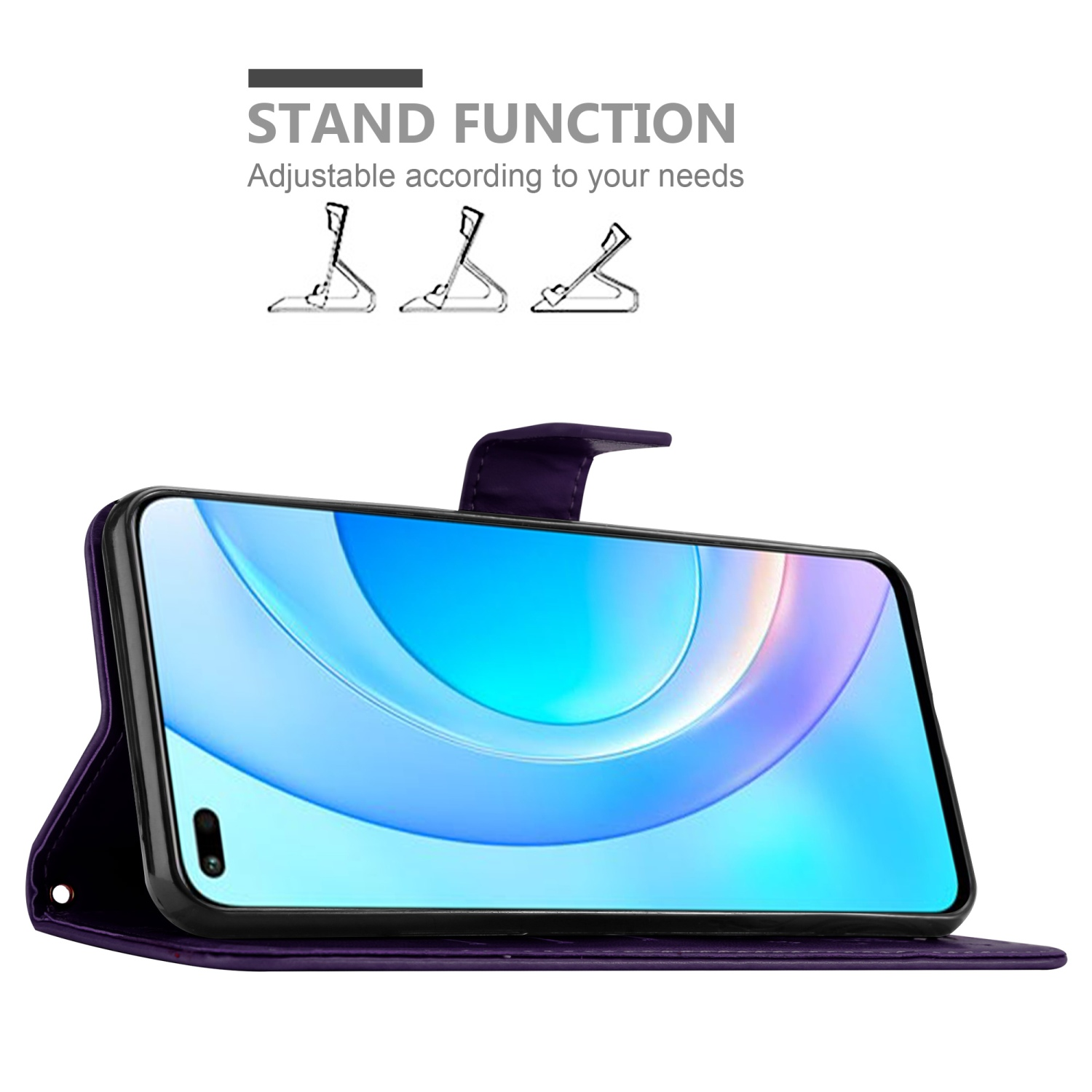 Una custodia per telefono viola con un telefono all'interno, che mostra una funzione di supporto. Lo schermo del telefono è acceso.