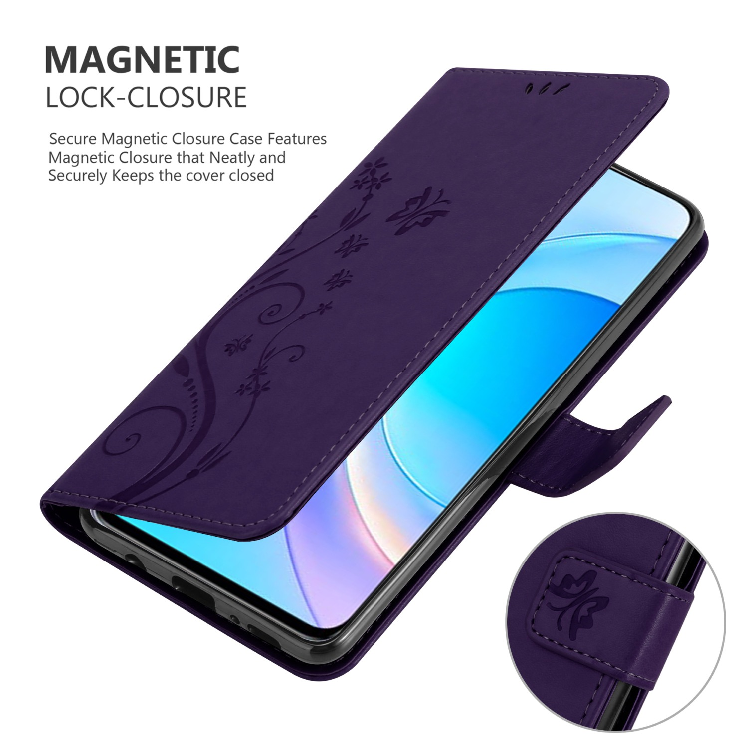Custodia per telefono viola aperta, un telefono è all'interno. La custodia presenta una chiusura magnetica.
