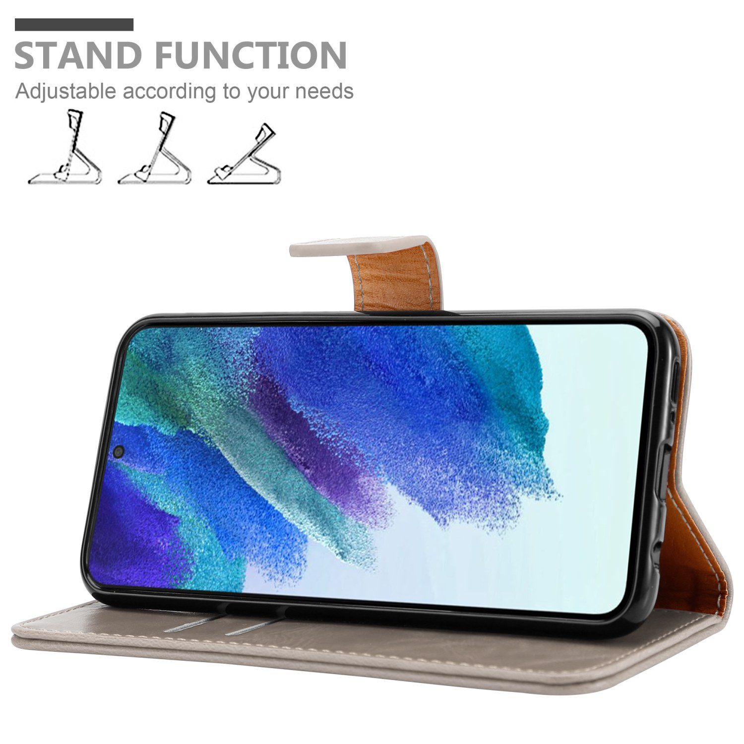 Telefon in grauem Gehäuse, offen zur Anzeige des Bildschirms. Text oben lautet "Standfunktion". Drei Standdiagramme sind abgebildet.