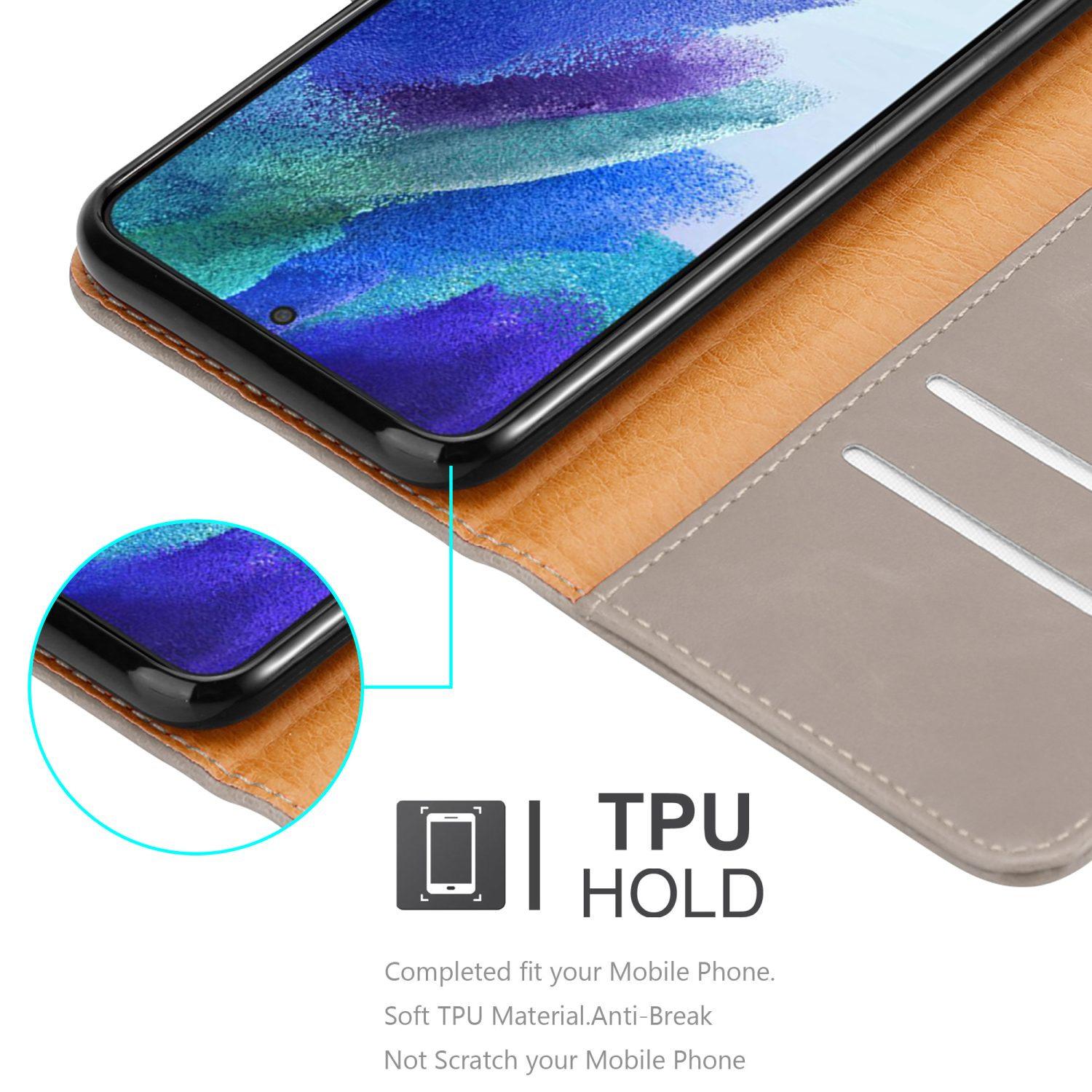 Ein Telefon befindet sich in einer Hülle. Der TPU-Halt wird beworben.