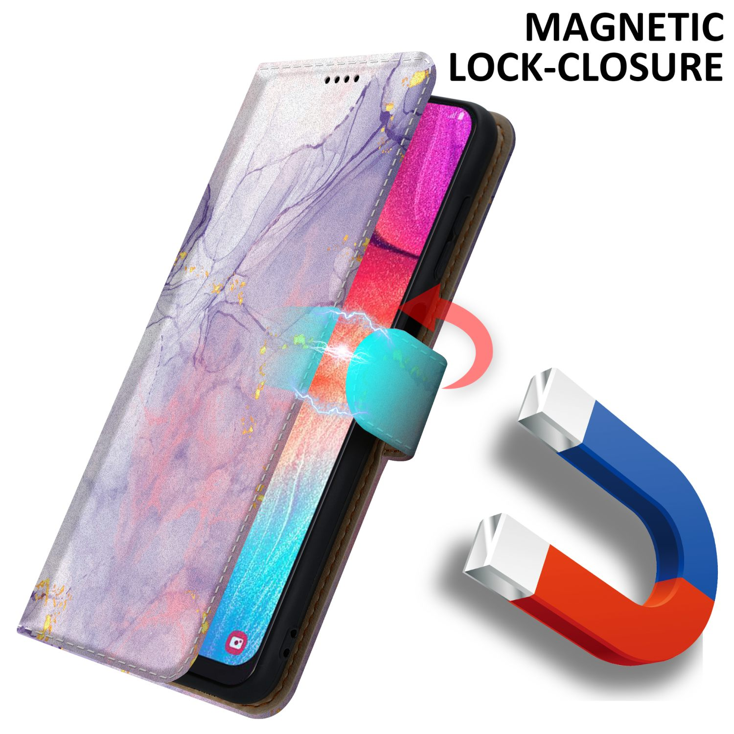 Una custodia per telefono con un design marmorizzato. La custodia è aperta e un magnete è visibile.