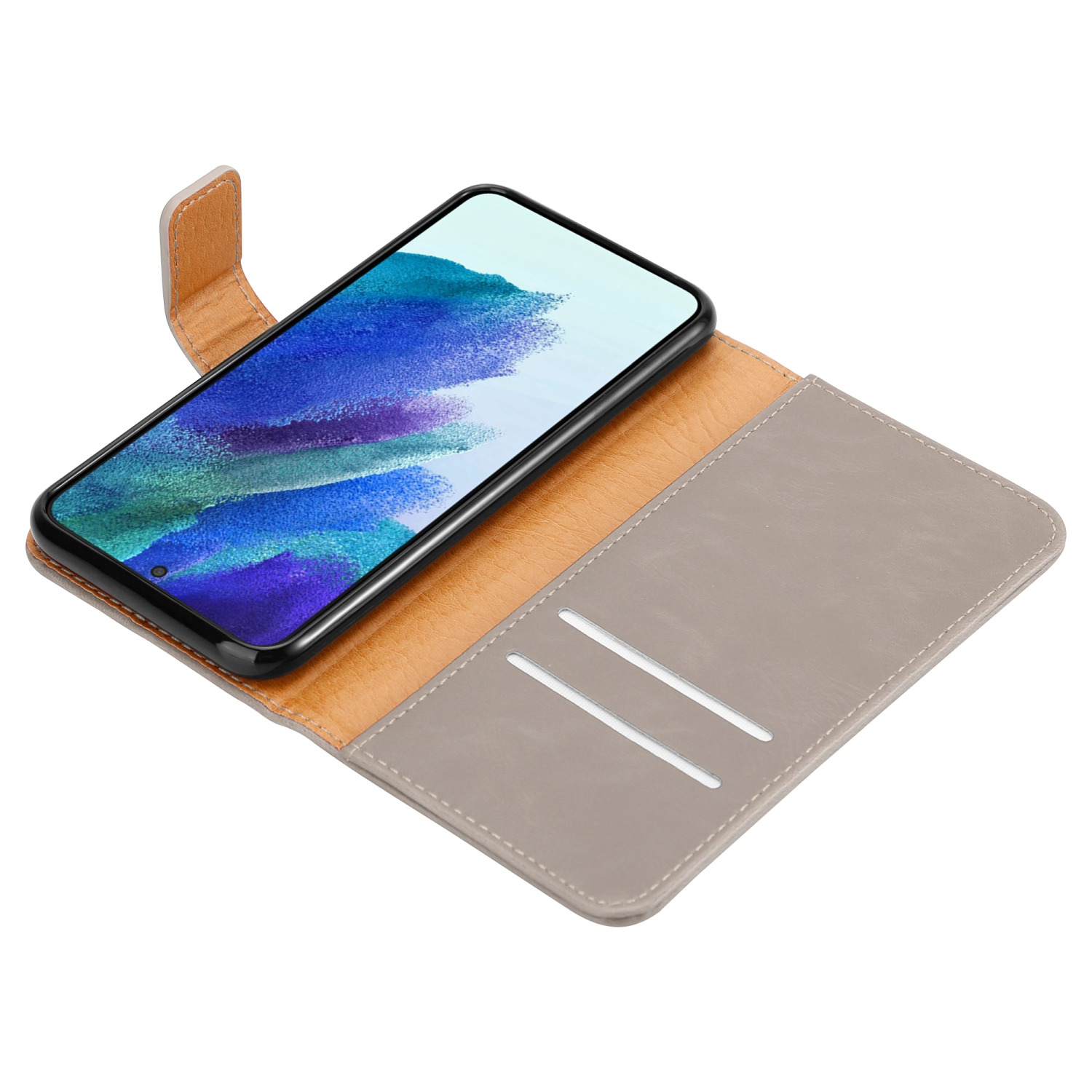 Telefon in einer Folio-Hülle. Die Hülle ist grau und braun, und der Telefonbildschirm ist sichtbar.