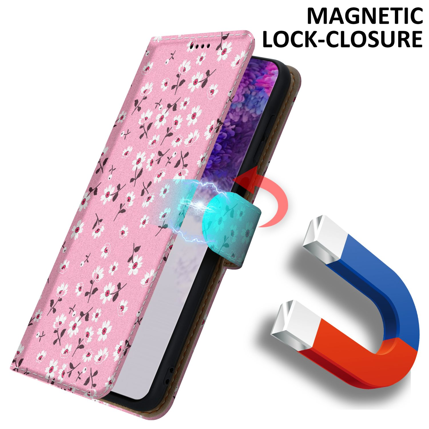Custodia per telefono rosa con fiori bianchi. Una calamita la attira.