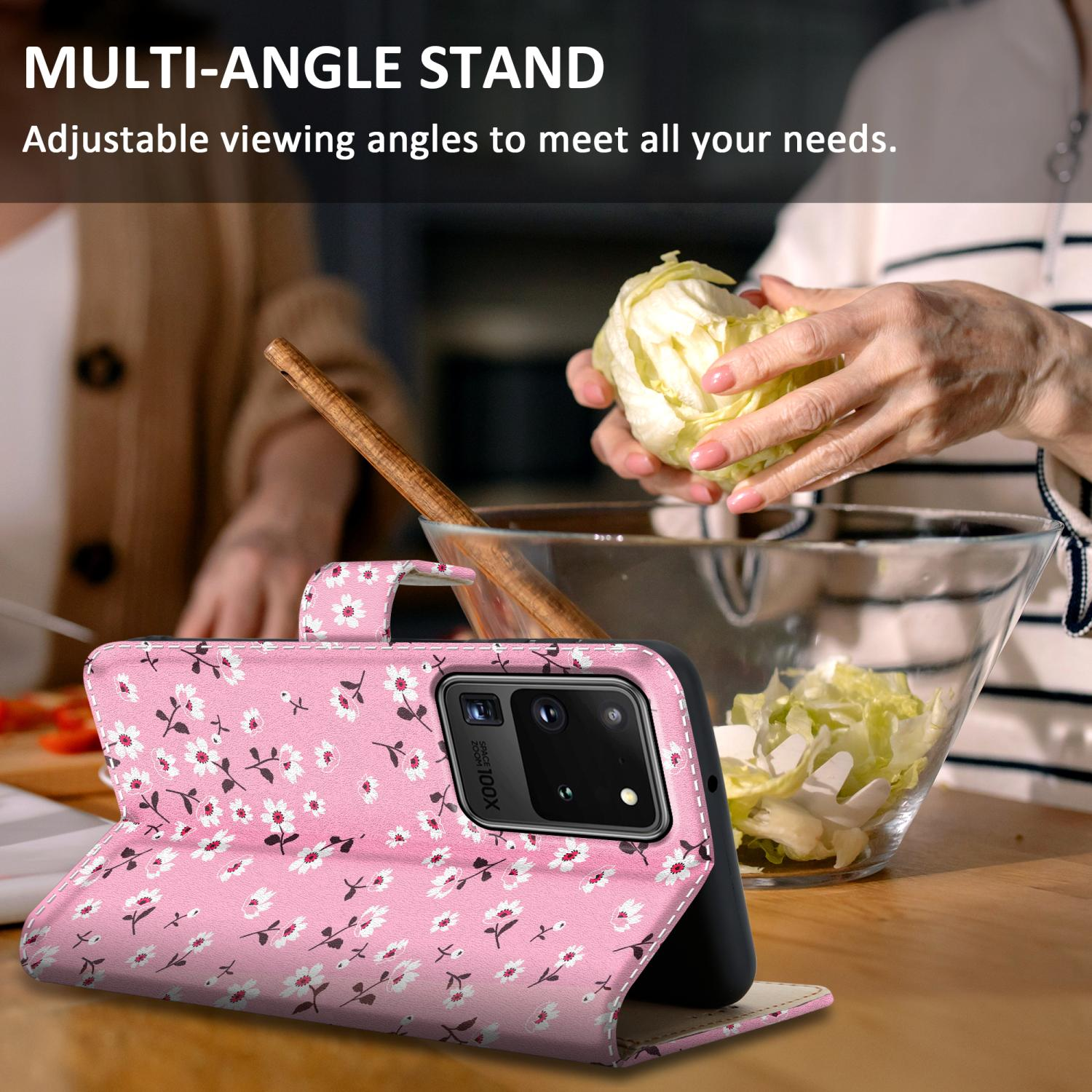 Custodia per telefono rosa con fiori. Una donna tiene in mano un telefono. Testo: Supporto multi-angolo.