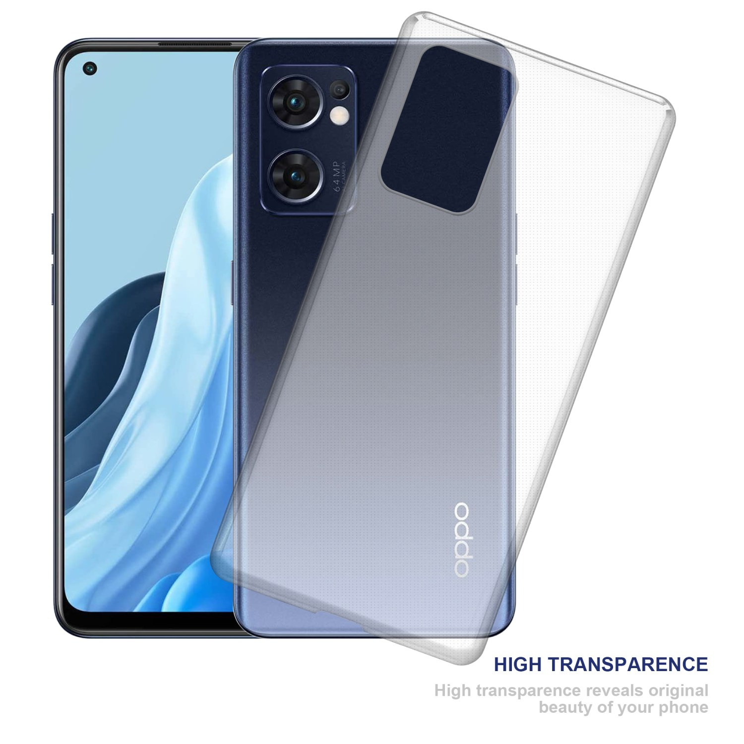 Smartphone mit transparenter Hülle. Text: 'hohe Transparenz', das Telefon zeigend.