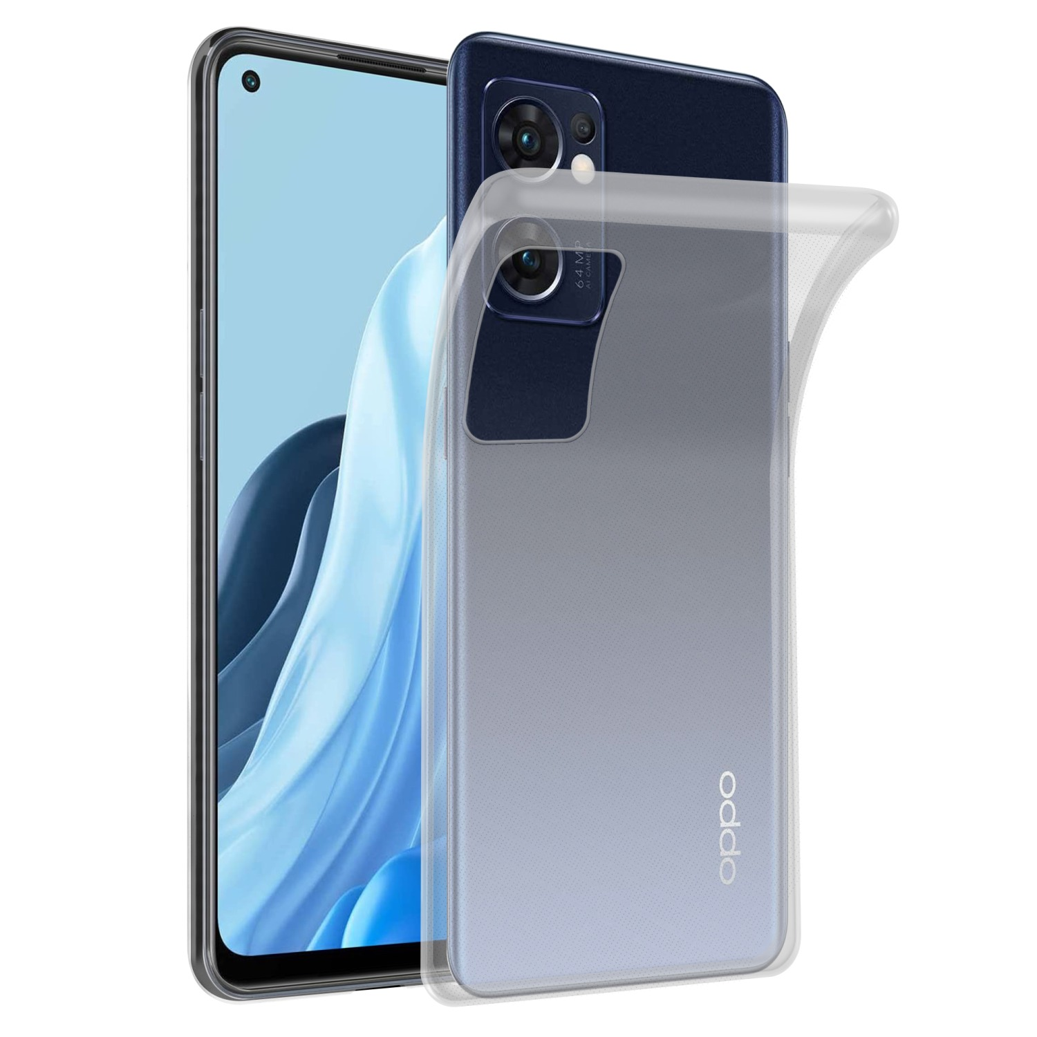 Transparente Handyhülle auf einem Telefon. Das Telefon ist blau und die Hülle ist transparent.