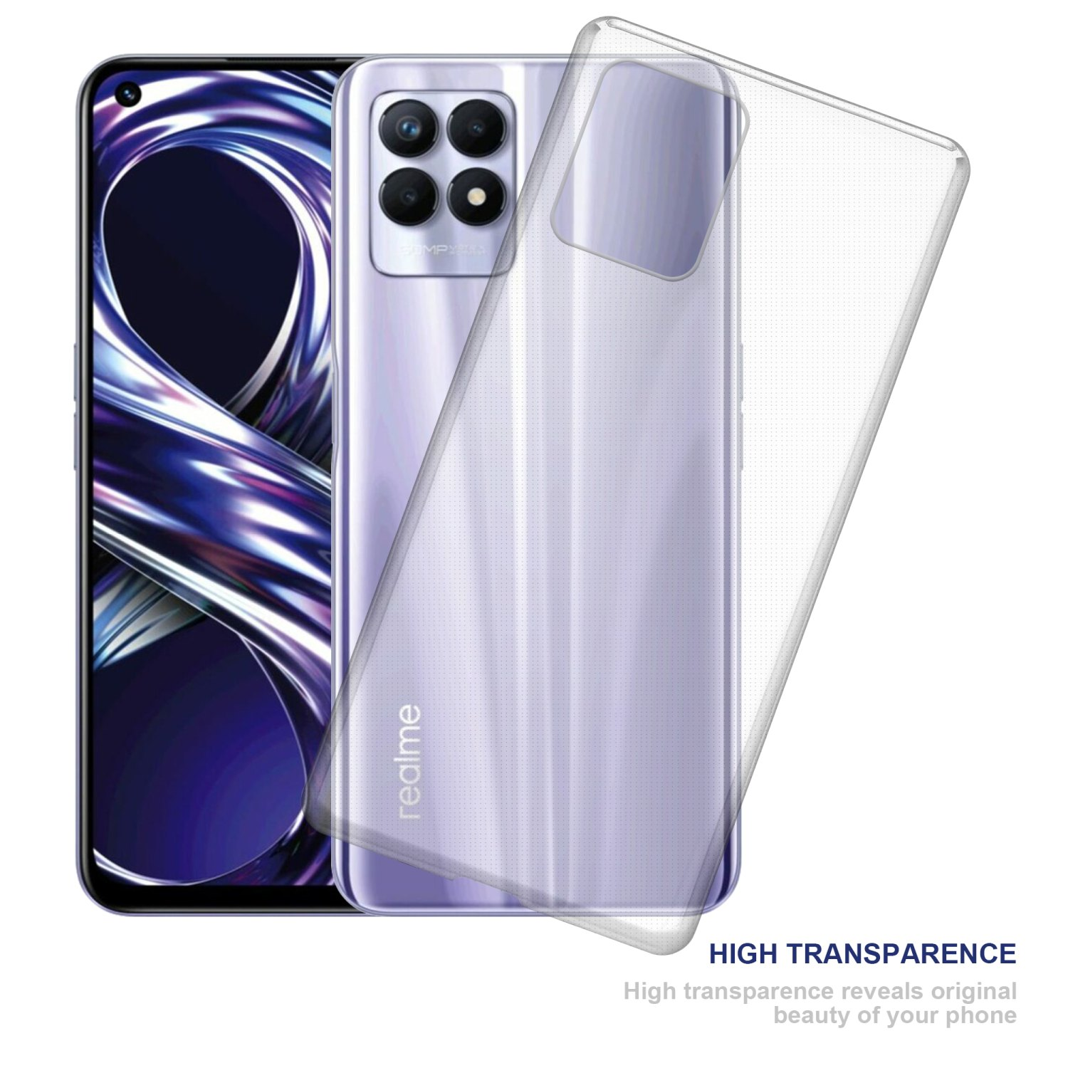 Telefono con custodia trasparente e un telefono con custodia trasparente. Il telefono è viola.