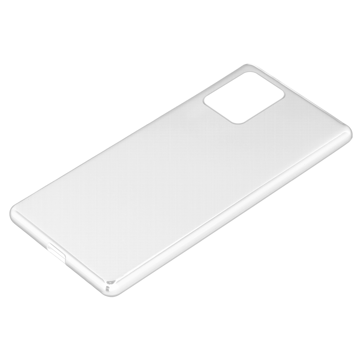 Una custodia per telefono trasparente, leggermente angolata, con sfondo bianco.