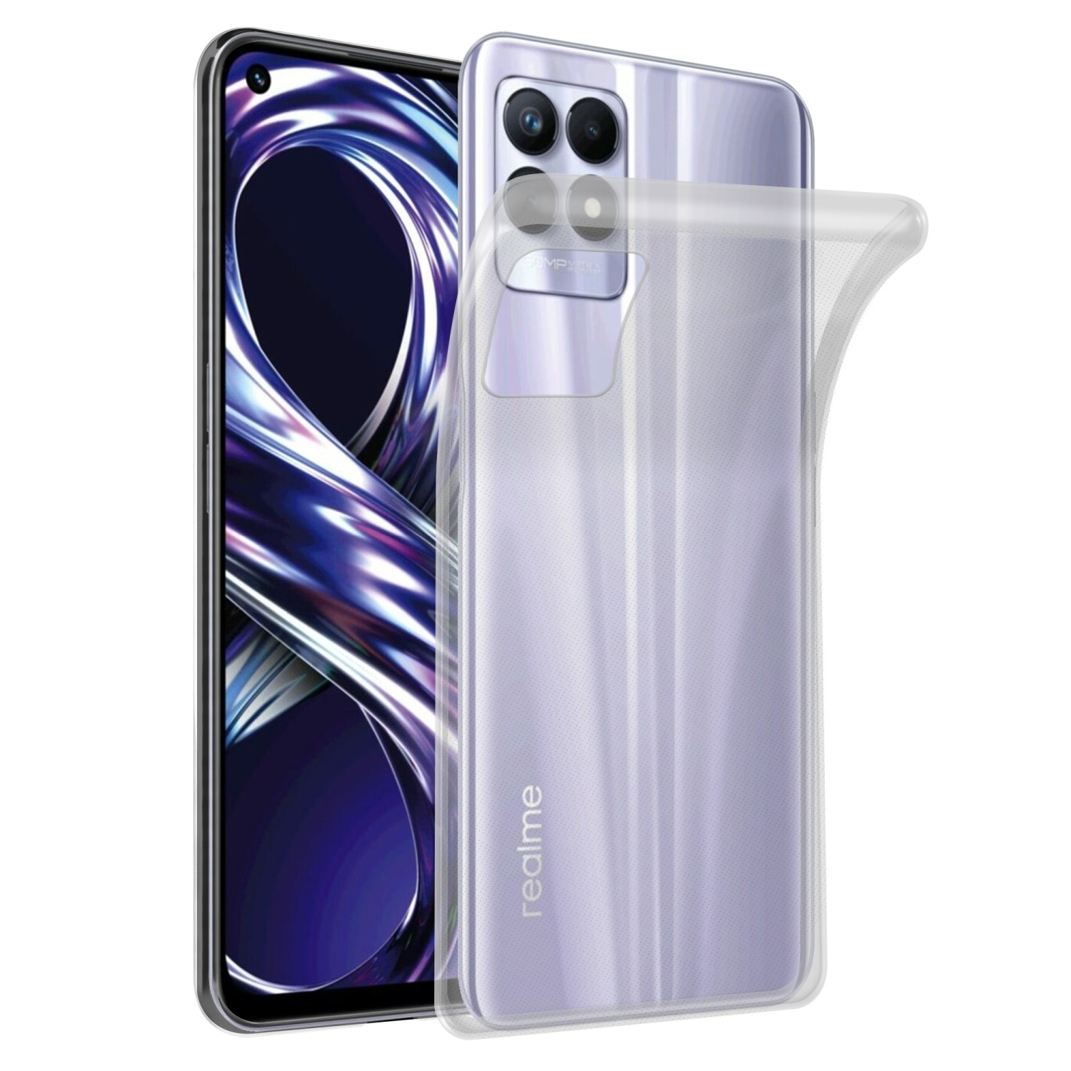 Una custodia trasparente per telefono su un telefono. Telefono e custodia in primo piano, schermo visibile.