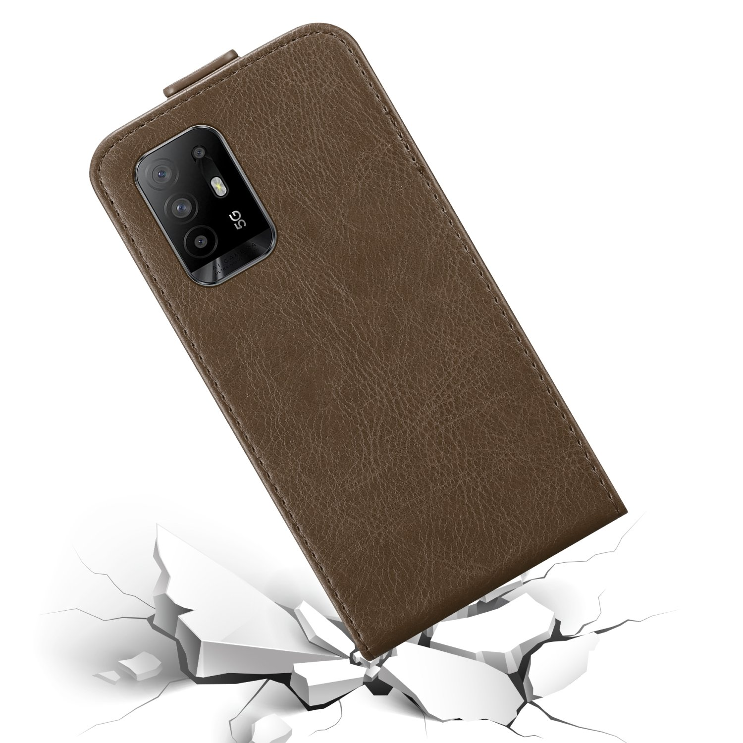 Custodia per telefono in pelle marrone che cade, con crepe. Telefono con fotocamera visibile. Focus su custodia e protezione.
