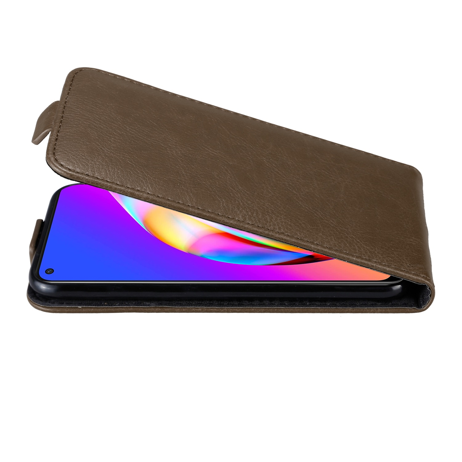 Custodia per telefono in pelle marrone, aperta, che rivela lo schermo del telefono con display colorato, su sfondo bianco.