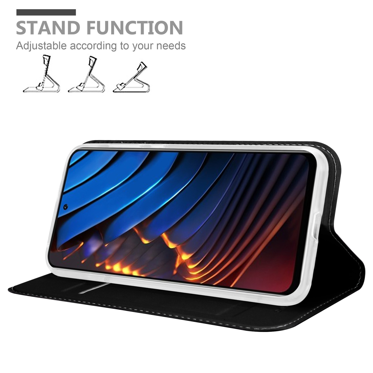 Una custodia nera con telefono in funzione stand.