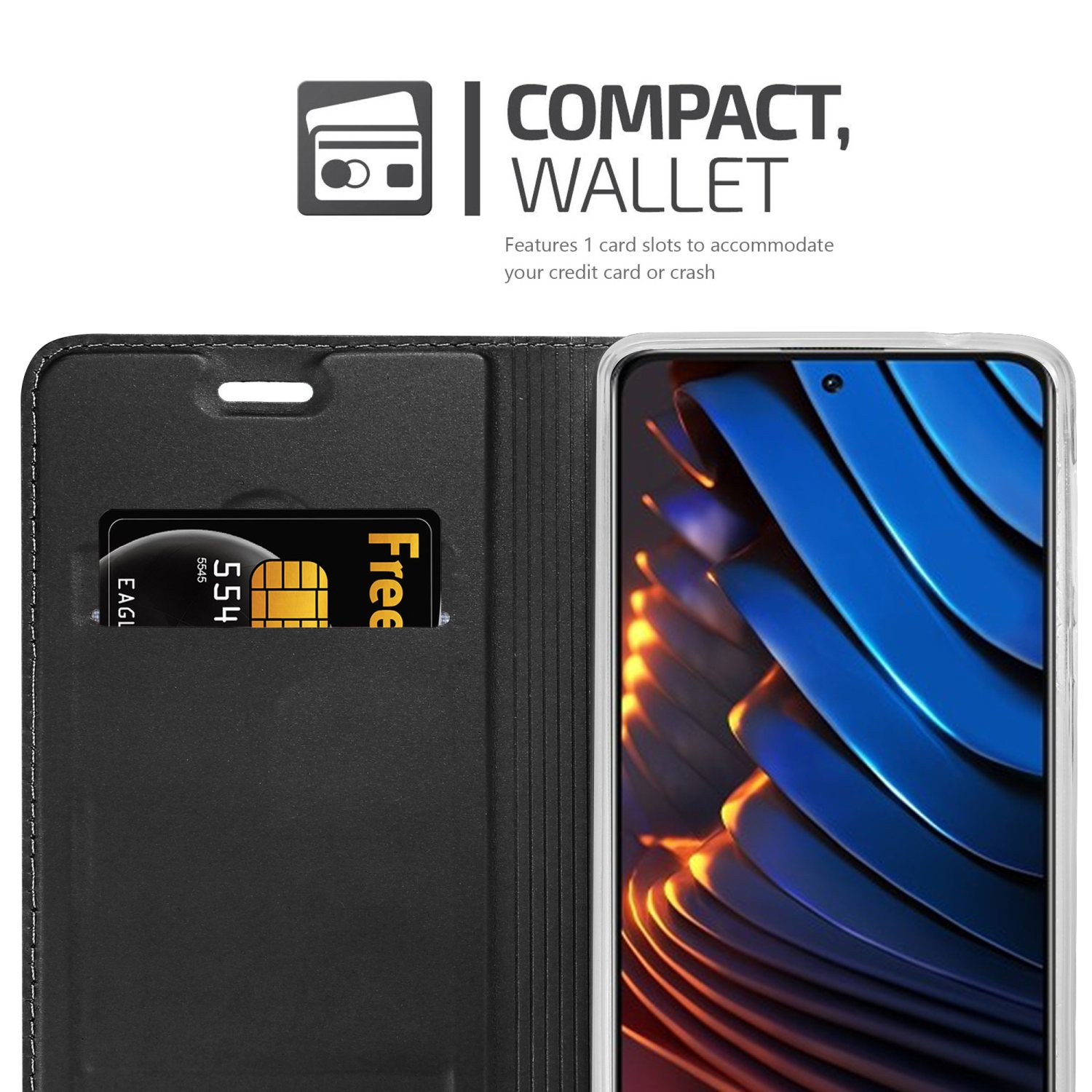 Un telefono è dentro una custodia. È visibile uno slot per schede con una scheda che dice 'Gratuito'. Testo: COMPATTO, PORTAFOGLIO.