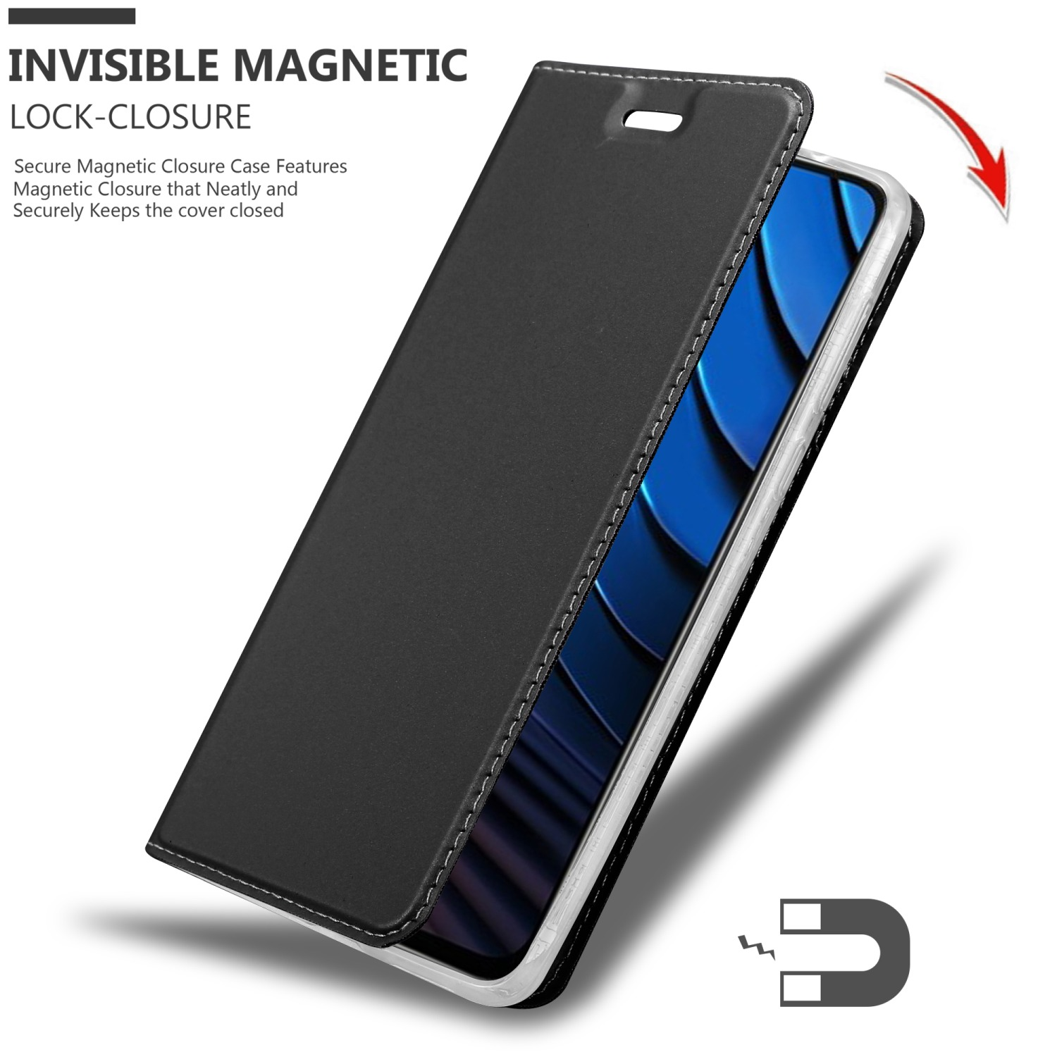 Custodia nera, aperta, con telefono dentro. Testo: Chiusura magnetica invisibile, un magnete.
