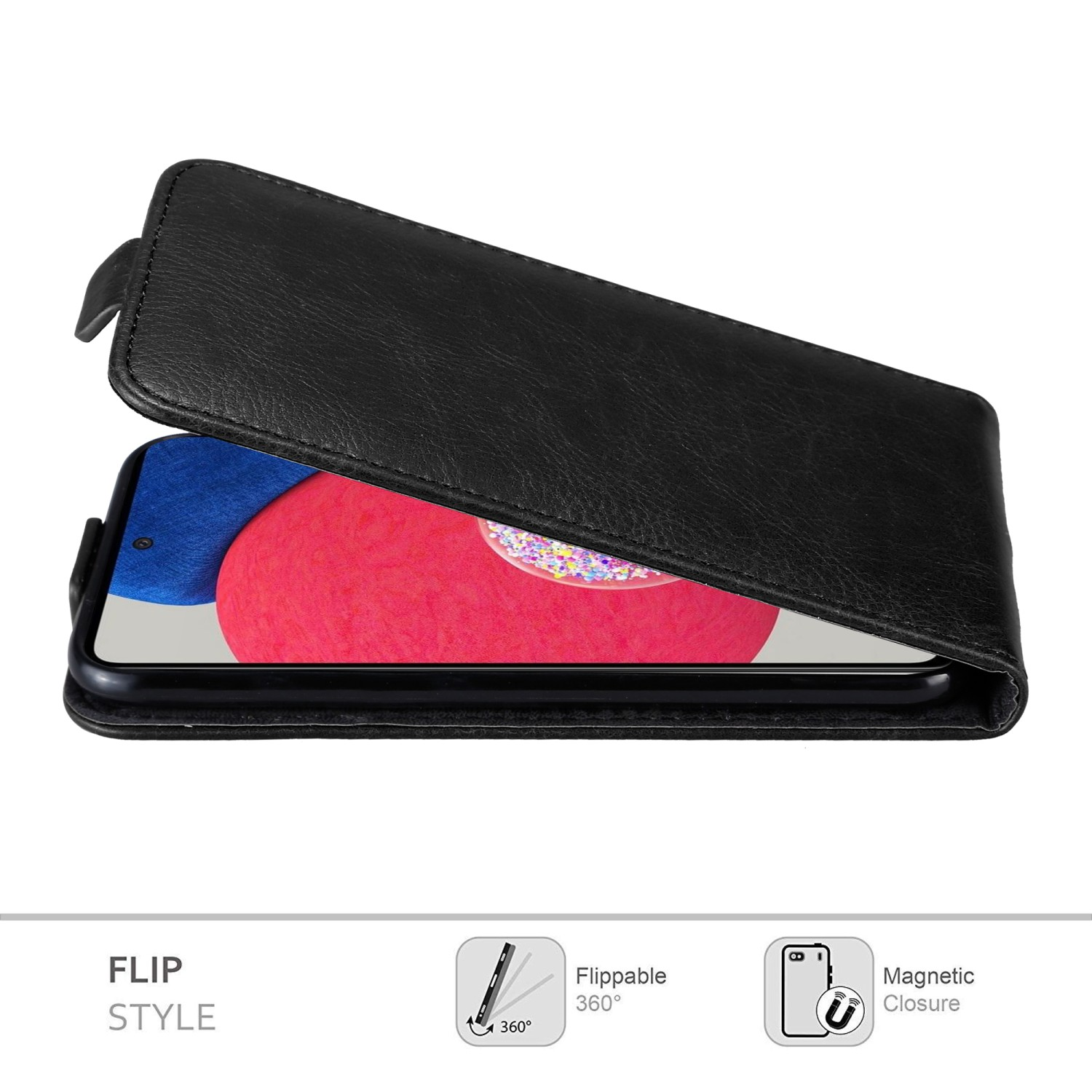 Schwarze Handyhülle offen mit Telefon. Klappstil. Telefon mit rot-blauem Design.