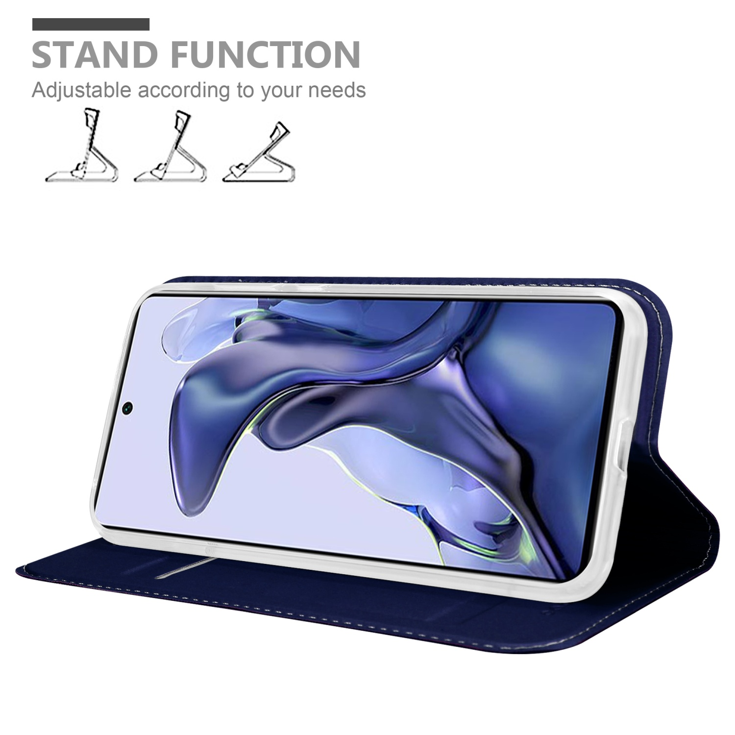 Una custodia blu per telefono con un telefono all'interno, aperta, che mostra lo schermo. Funzione stand per il telefono.