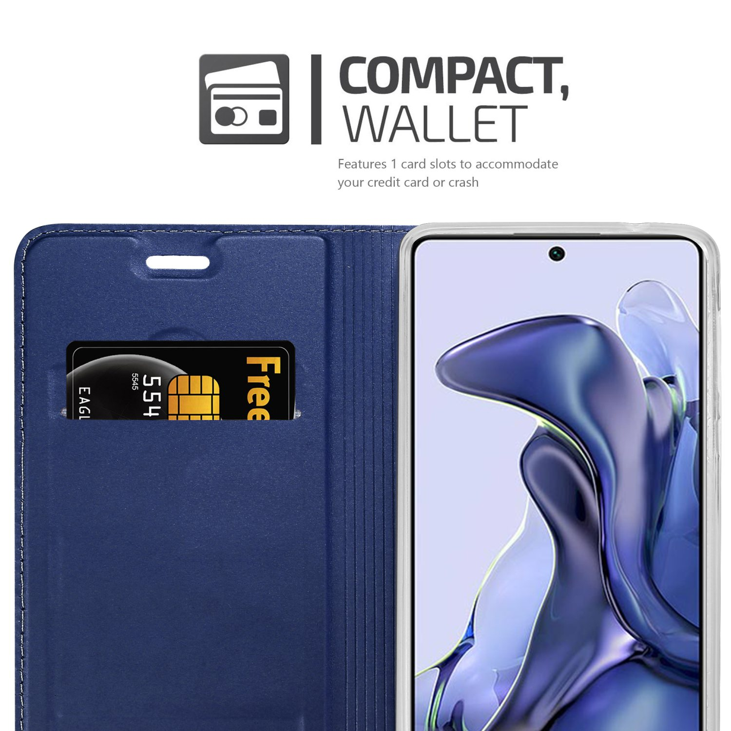 Custodia blu, telefono dentro, fessura per carte. Testo: COMPATTO, PORTAFOGLIO.
