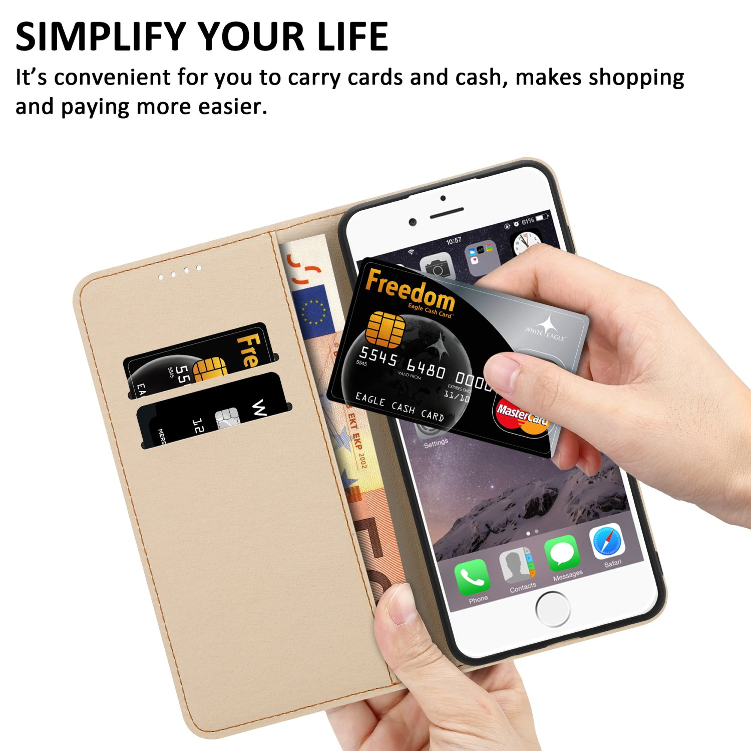 Un telefono è in una custodia a portafoglio beige, con carte e banconote in euro. Una mano tiene una carta di credito.