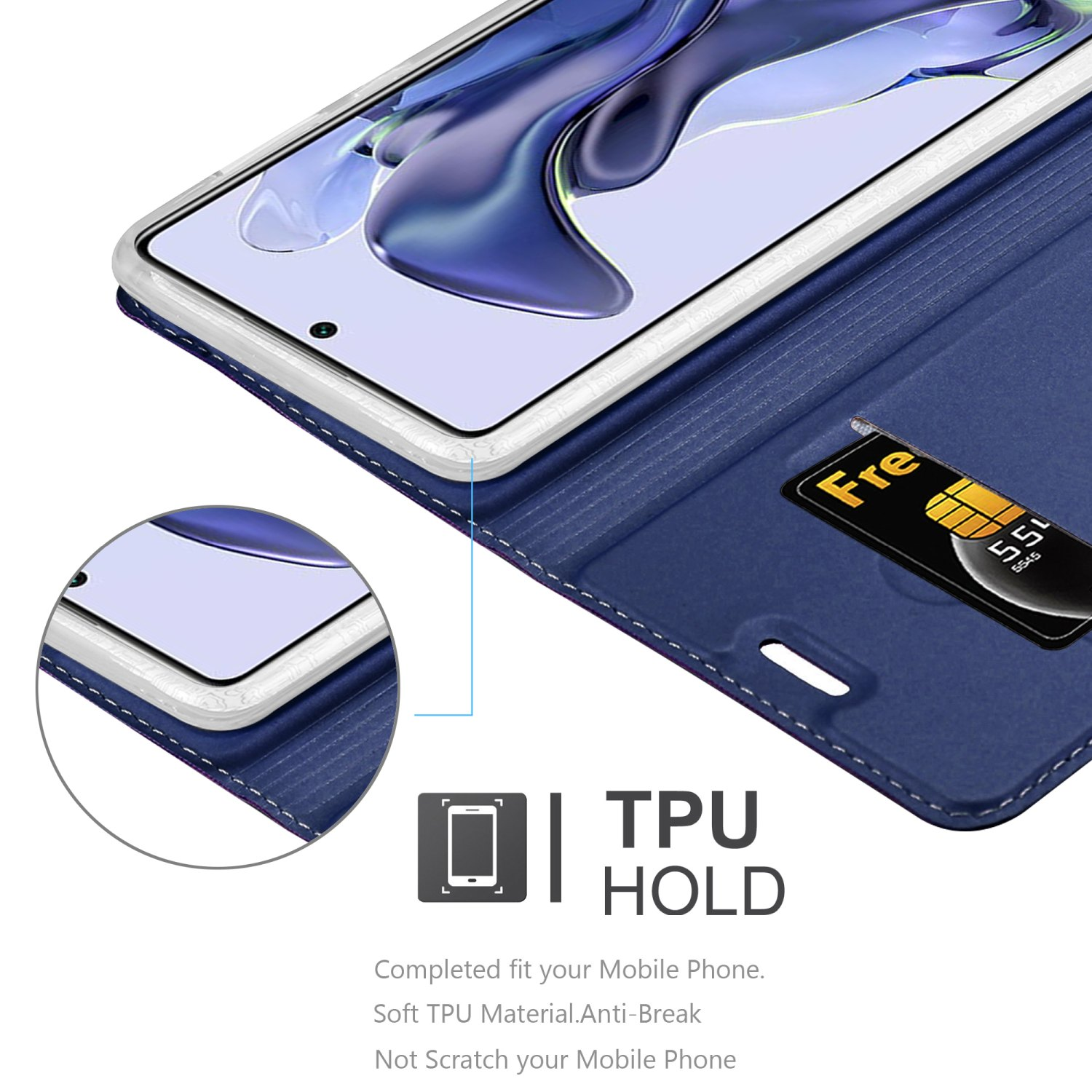 Custodia blu con telefono dentro. Testo TPU HOLD e slot SIM con scheda SIM.