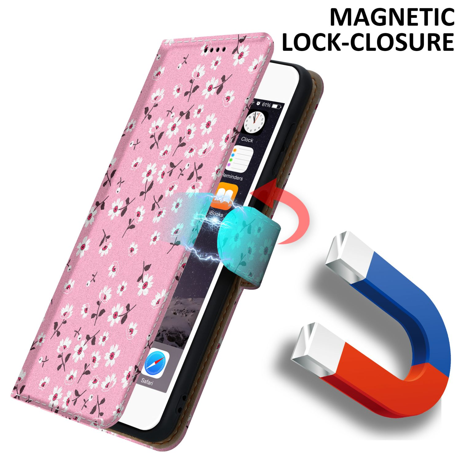 Custodia per telefono con fiori e chiusura magnetica mostra un telefono e un magnete.