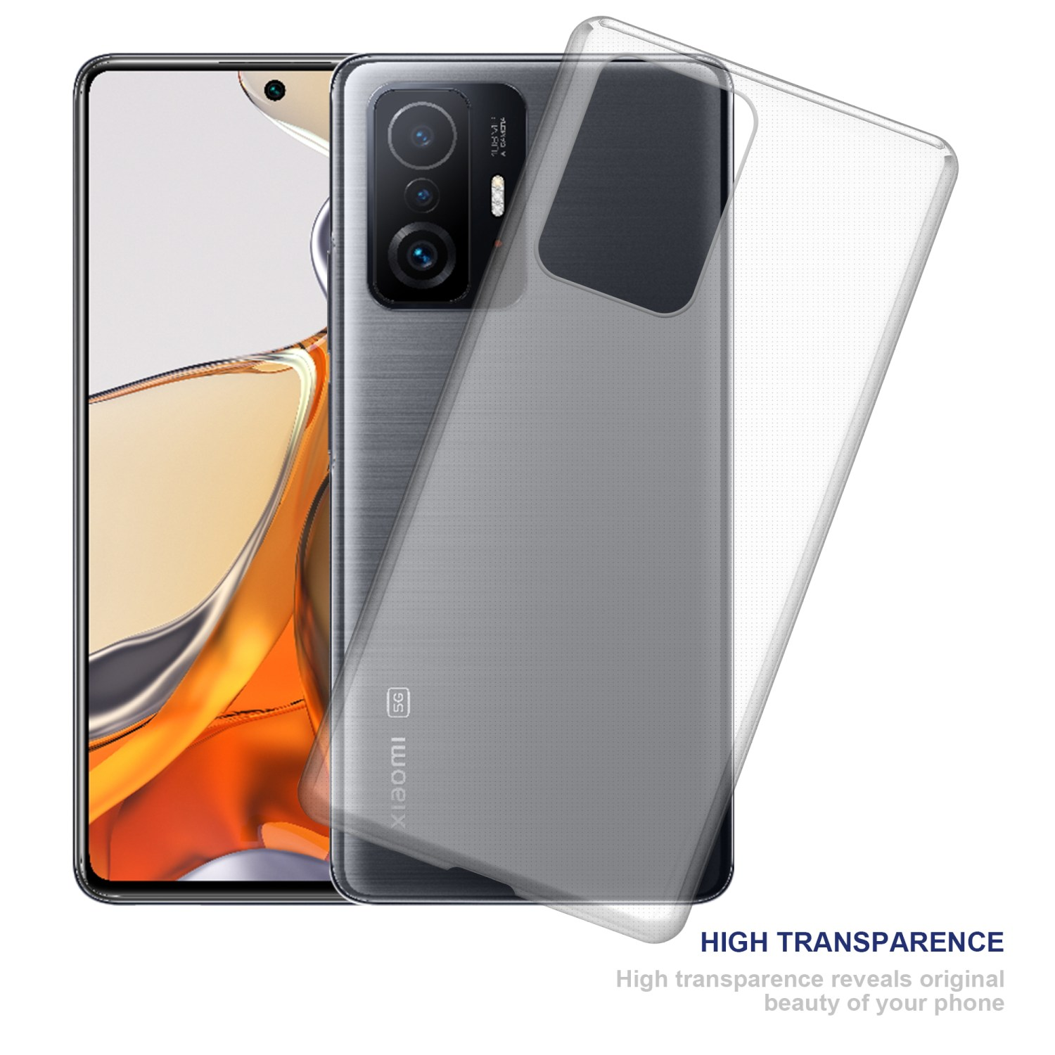 Telefono Xiaomi con custodia protettiva trasparente. Testo: L'alta trasparenza rivela la bellezza originale.