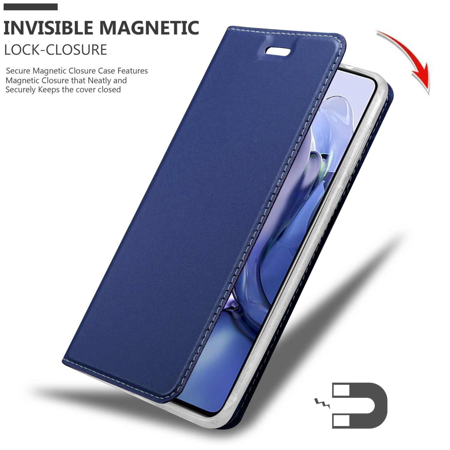 Custodia blu aperta, che mostra un telefono. La custodia ha cuciture bianche e una chiusura magnetica.